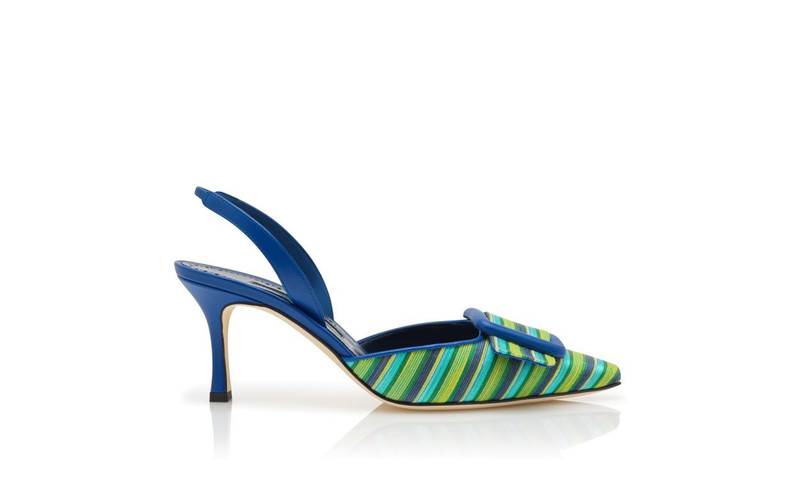 Blue And Green Cotton Buckle Detail Slingback Pumps 1