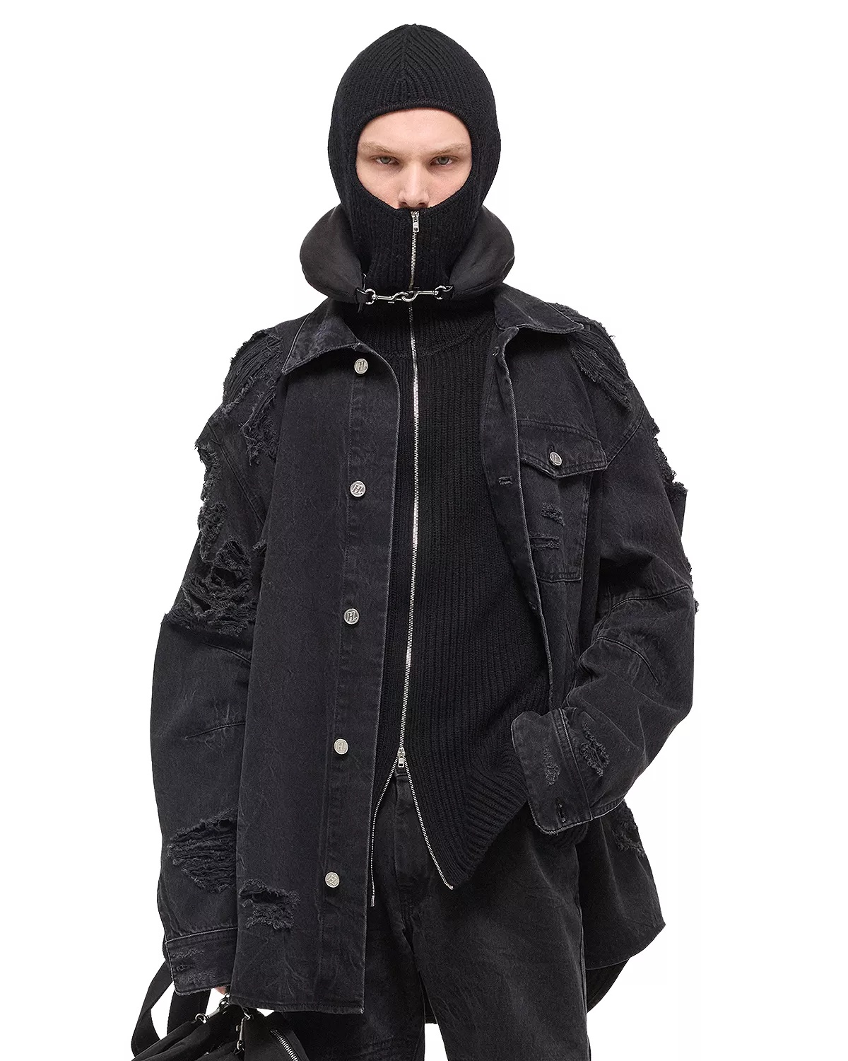 Oversized button-front shirt in washed black denim. Curved seams wrap around the body, emphasizing t - 4
