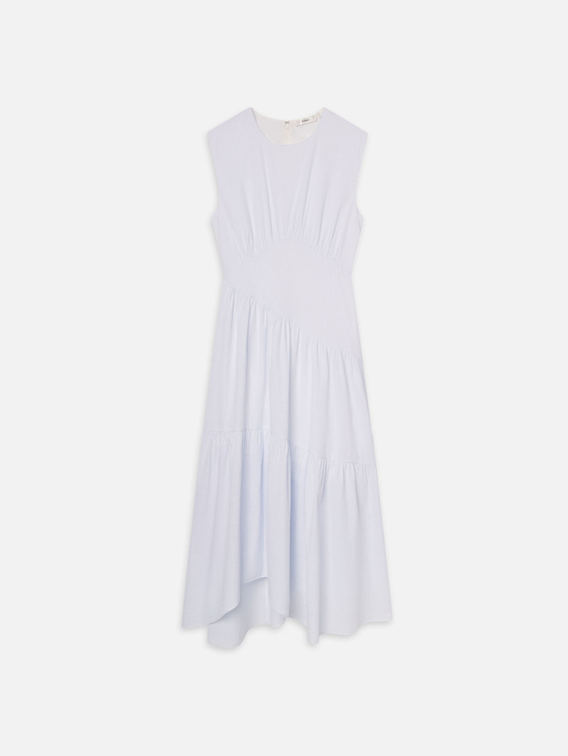 The Seersucker Gathered Dress in Light Chambray Multi - 1