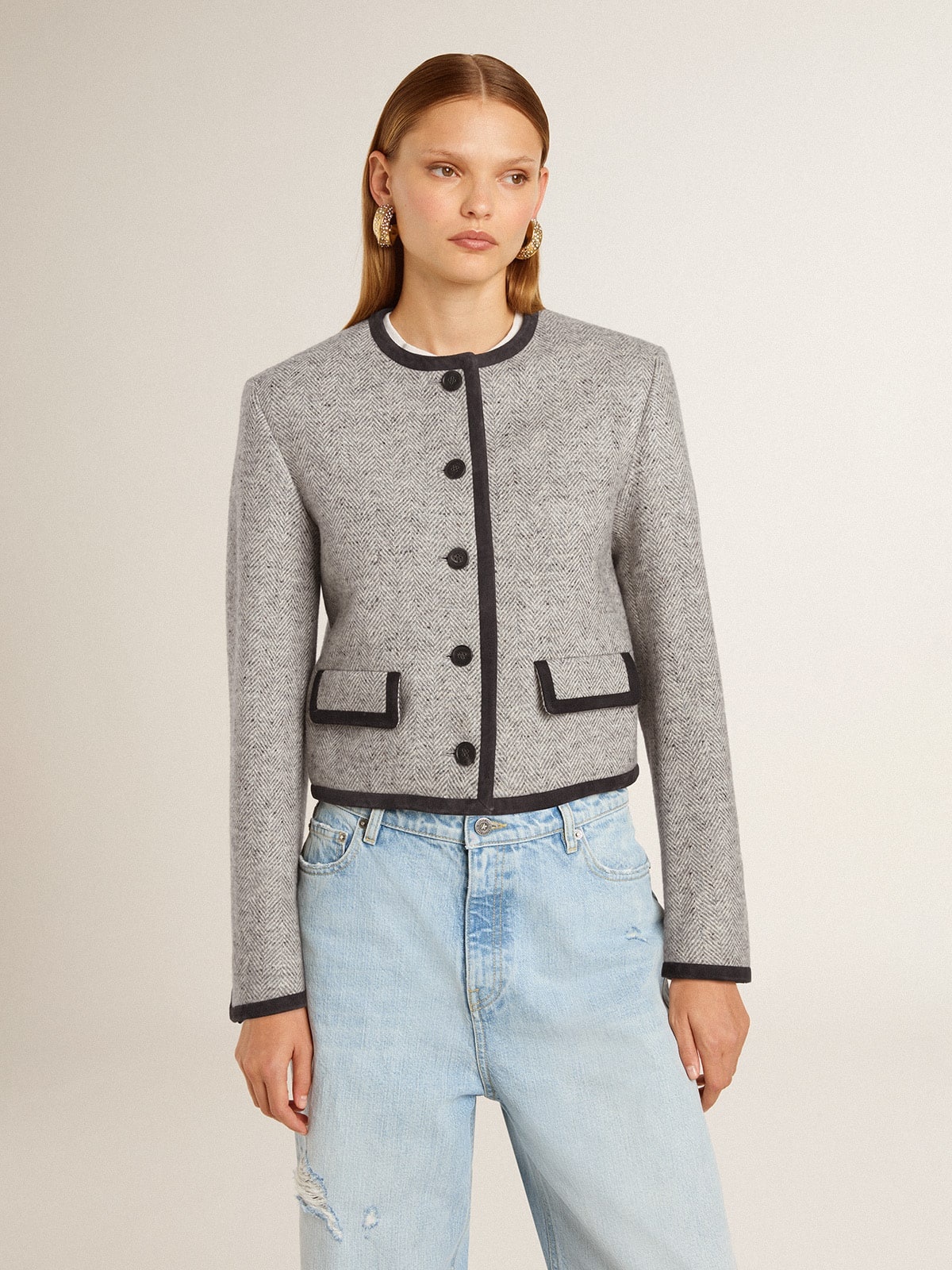 Women's grey wool and silk jacket with black suede trim - 2
