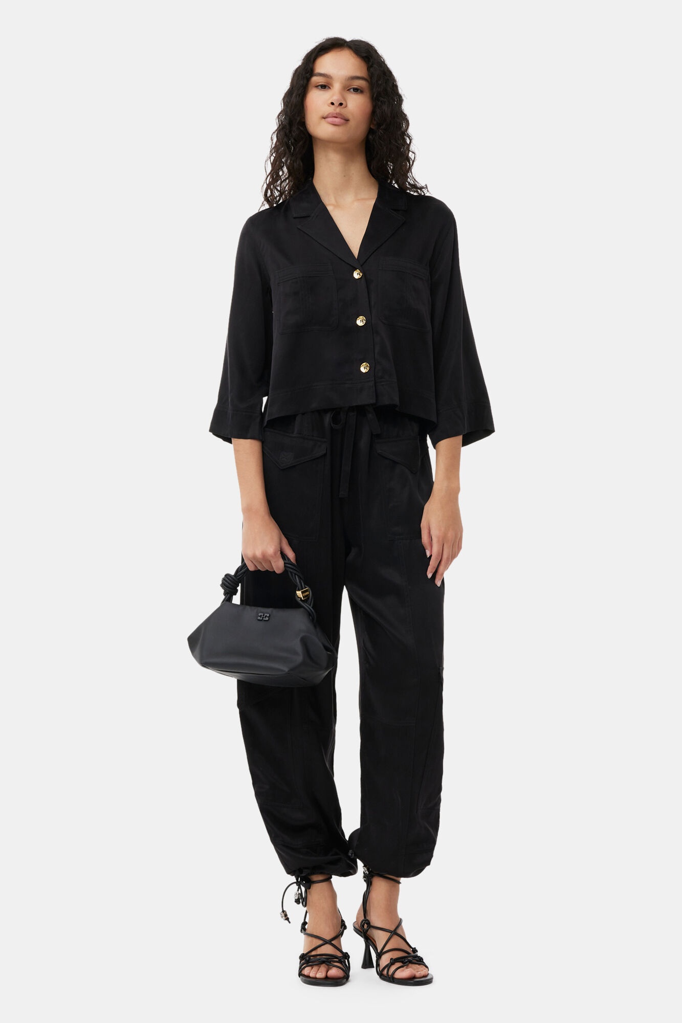 BLACK WASHED SATIN POCKET PANTS - 5