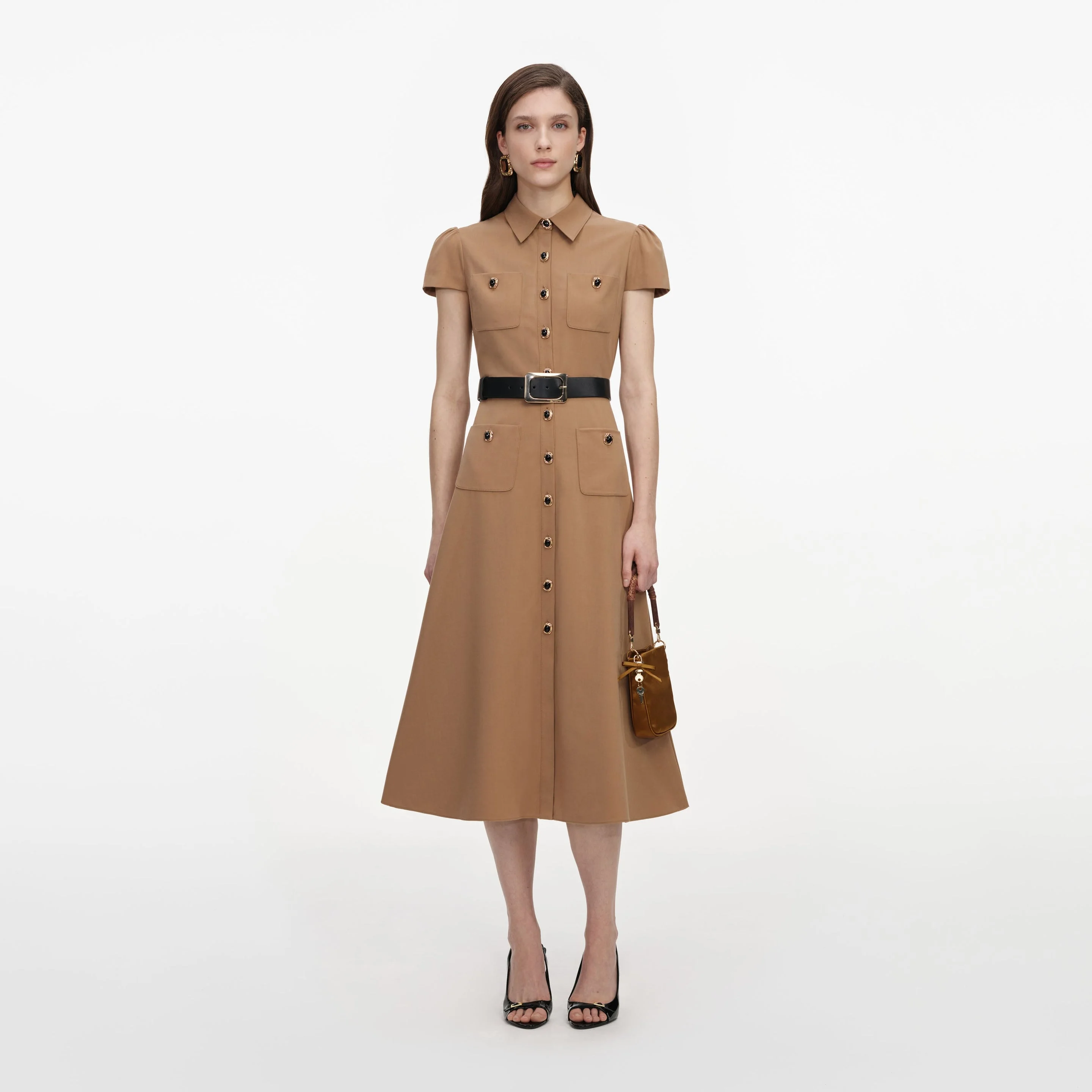 Tan Twill Belted Midi Dress - 1