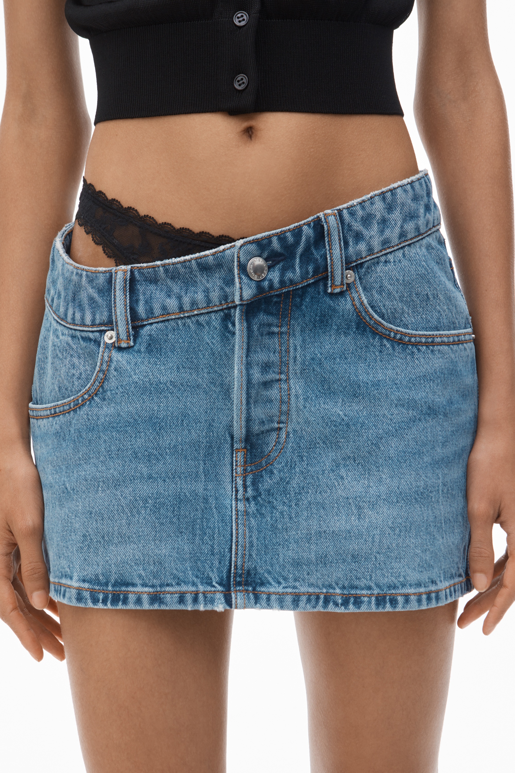 Pre-Styled Denim Skirt with Asymmetrical Lace Waistband - 4