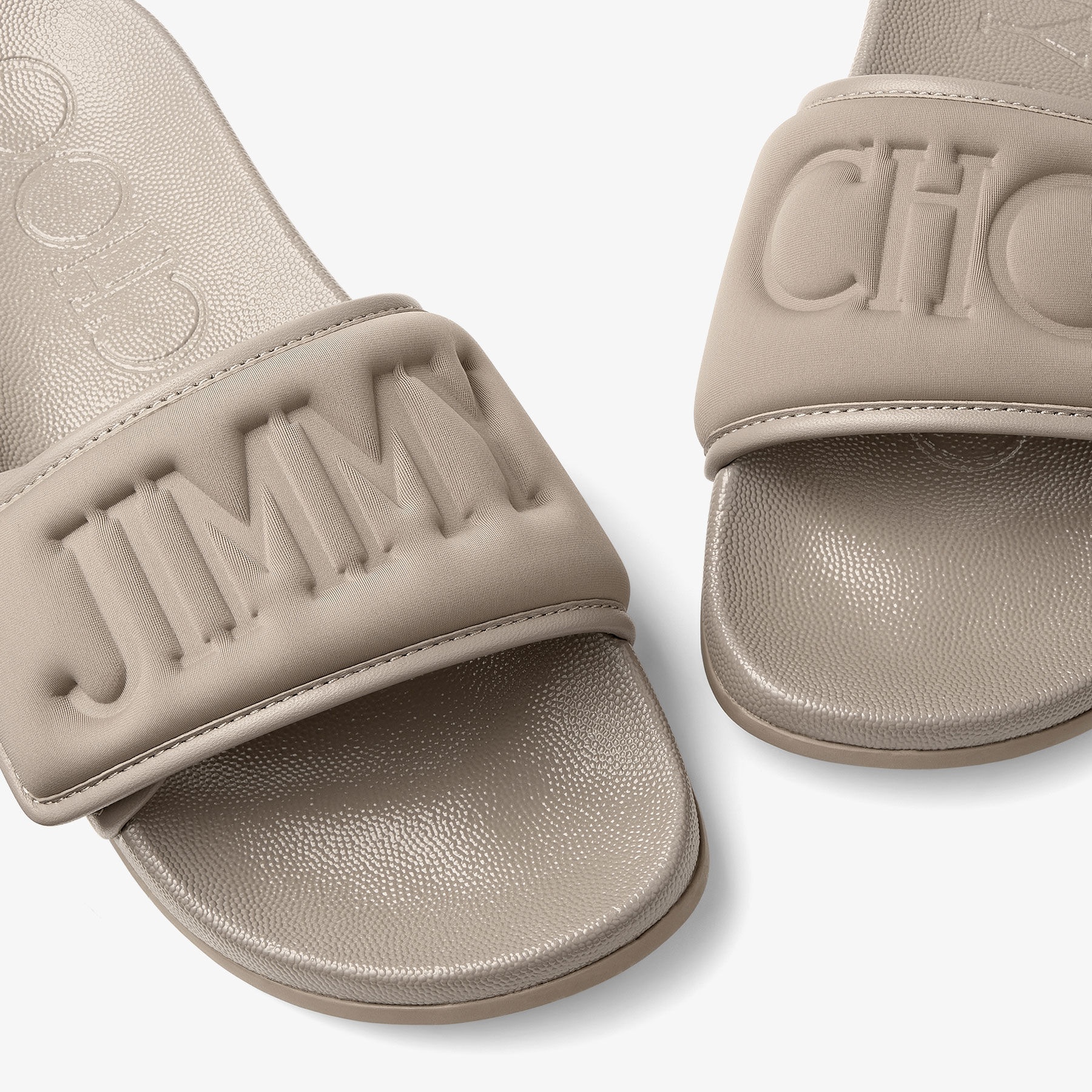 Jimmy Choo ★Fitz M★Puff Logo Lycra Slide Fitz/M | Taupe Puffed Logo Lycra Slides | JIMMY CHOO