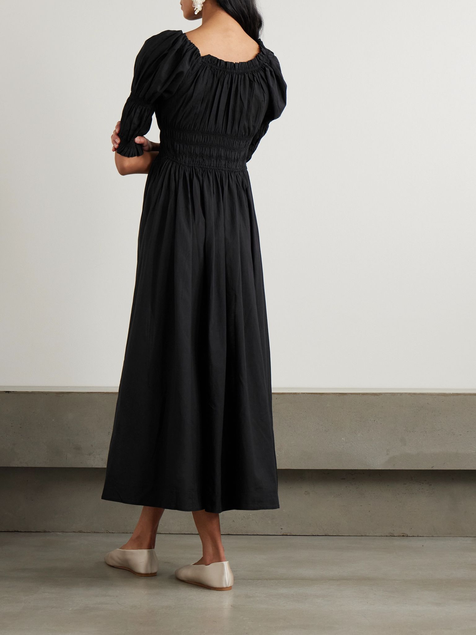 Ischia shirred organic cotton-voile midi dress Black - 3