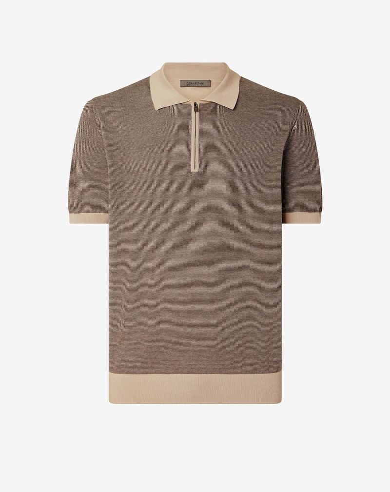 Ice cotton and silk polo shirt with nude/brown zip 1