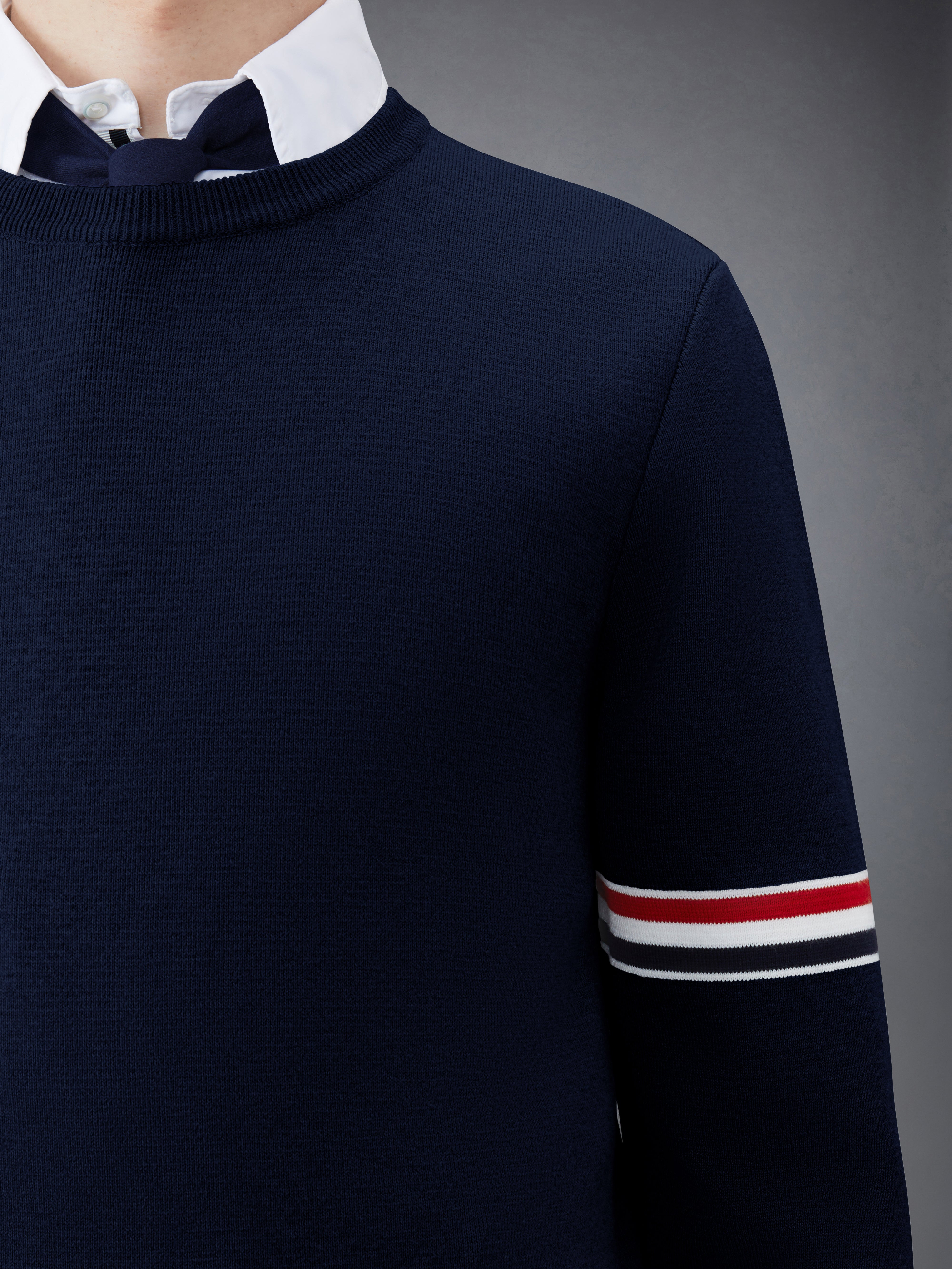 Navy Cotton Milano Stitch Stripe Armband Crewneck Pullover - 6