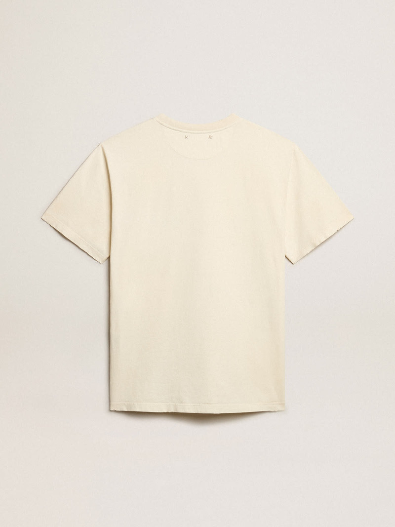 Golden Goose Men’s cotton T-shirt in aged white with green lettering outlook