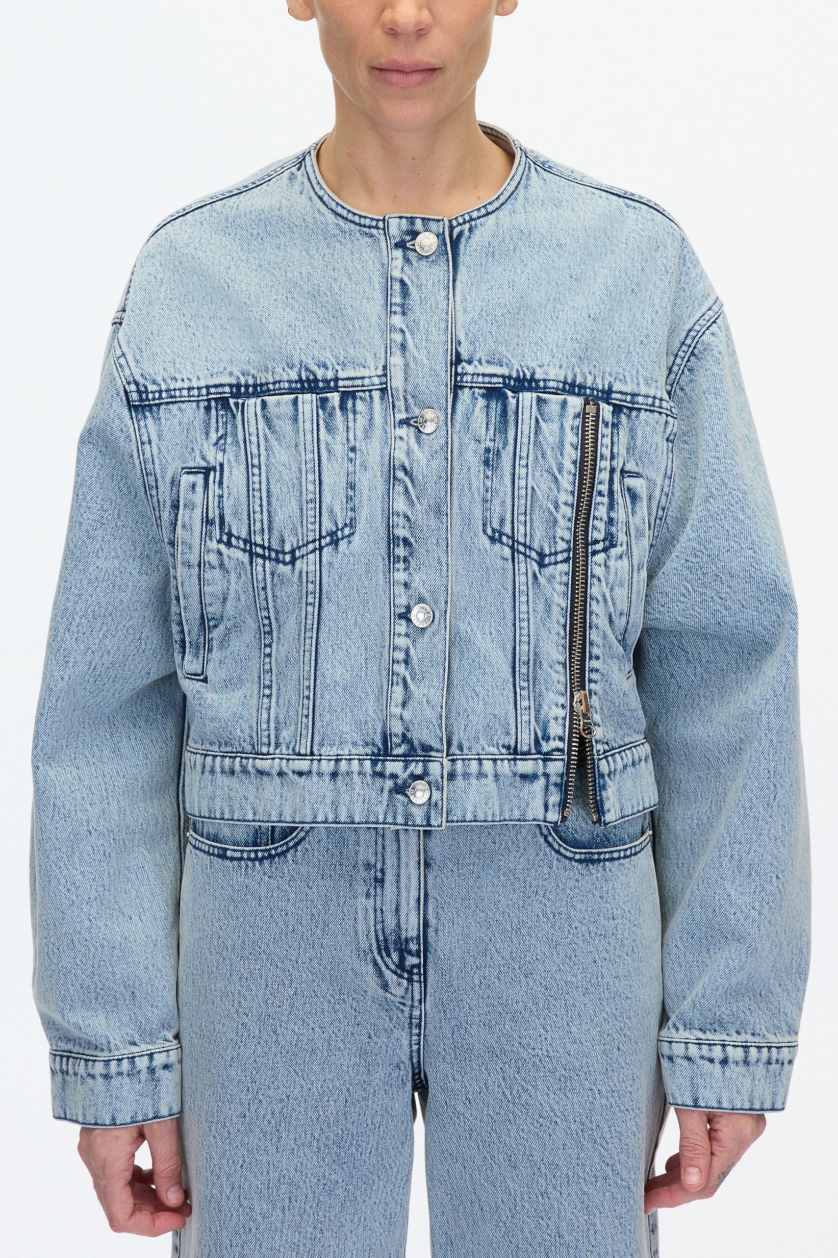Crewneck Cropped Denim Jacket - 6