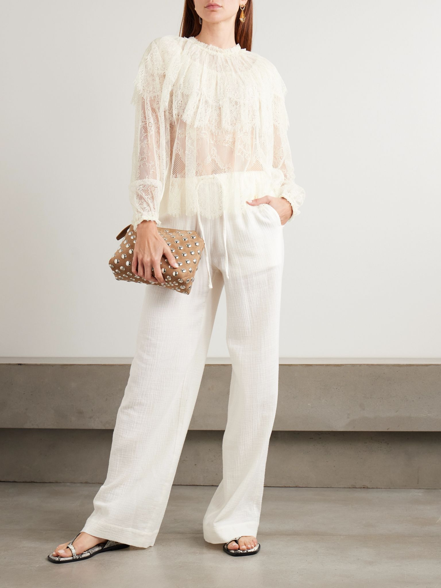 Viviane cape-effect ruffled Chantilly lace blouse White - 2