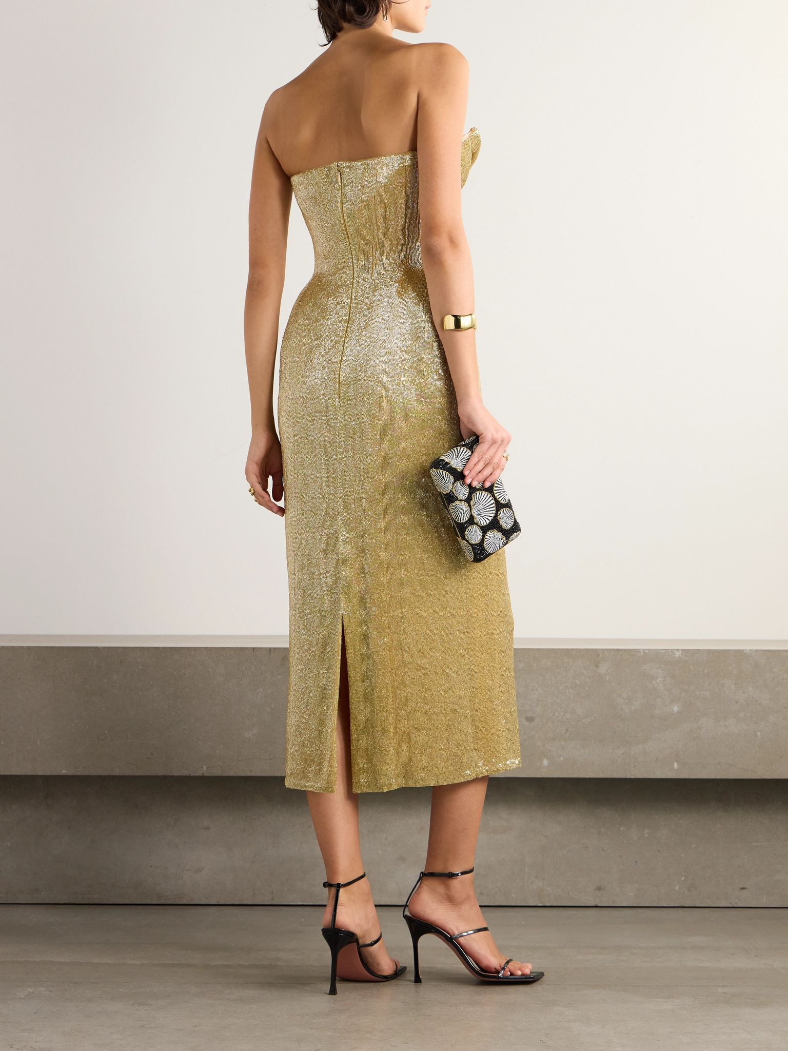 Beaded strapless chiffon midi dress Gold - 3
