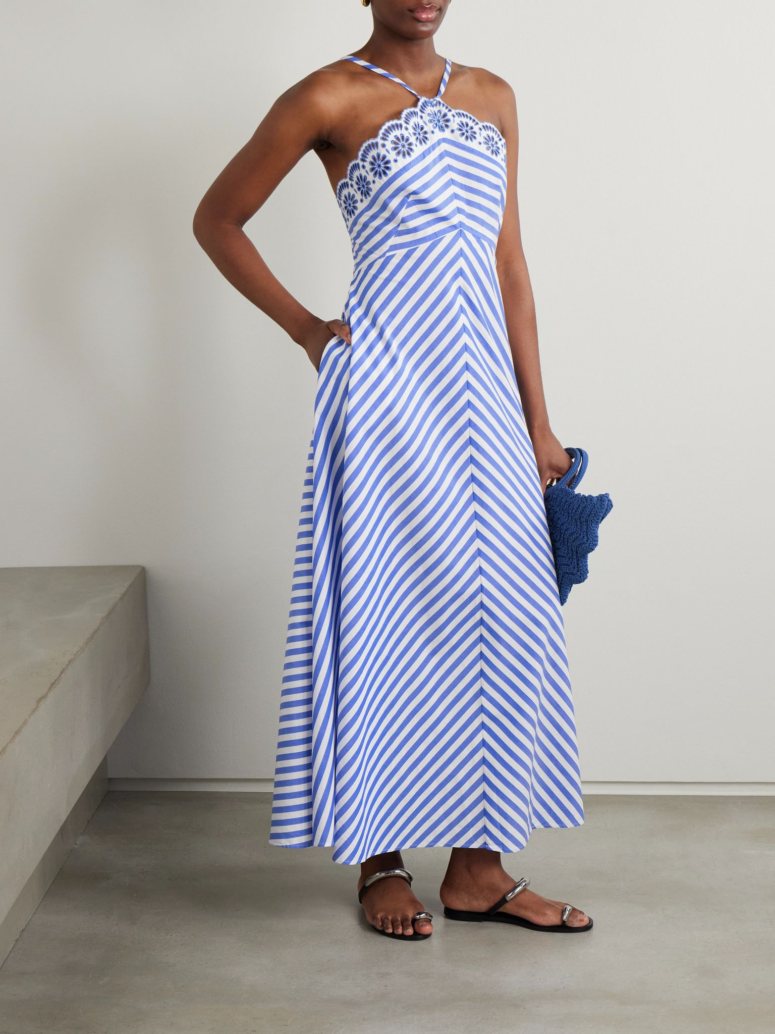 Castiglione striped broderie anglaise-trimmed cotton-poplin midi dress Blue - 2