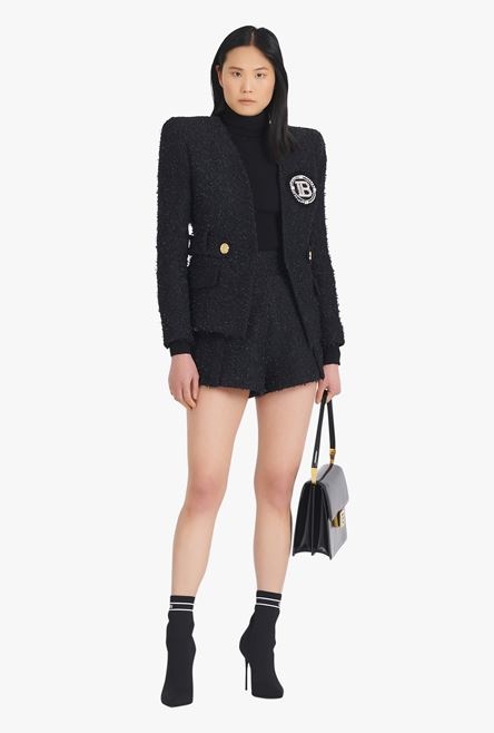 High-waisted black tweed shorts - 2