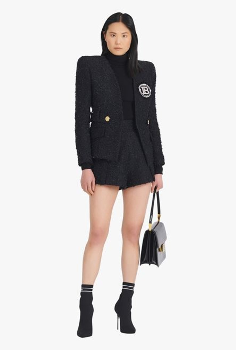 Balmain High-waisted black tweed shorts outlook