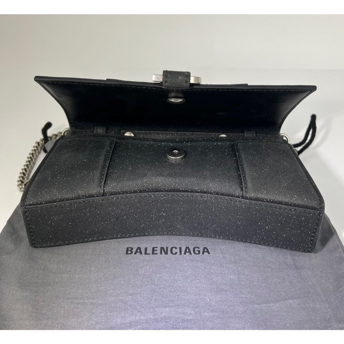 BALENCIAGA Hourglass Wallet On Chain Black Glitter Clutch Shoulder Bag - 5