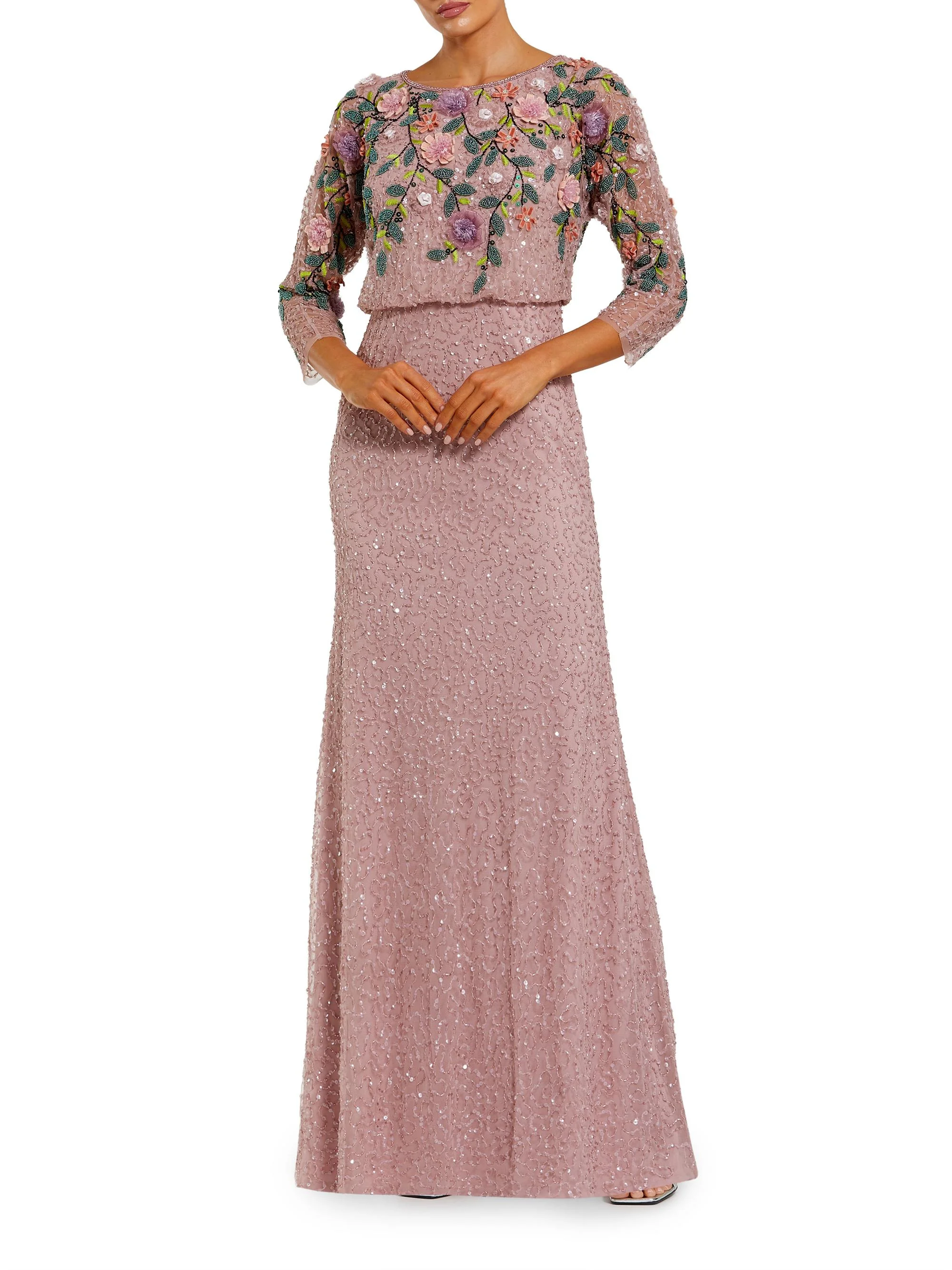 Women's Floral Beaded Mesh Gown - Vintage Lilac Multi - 1