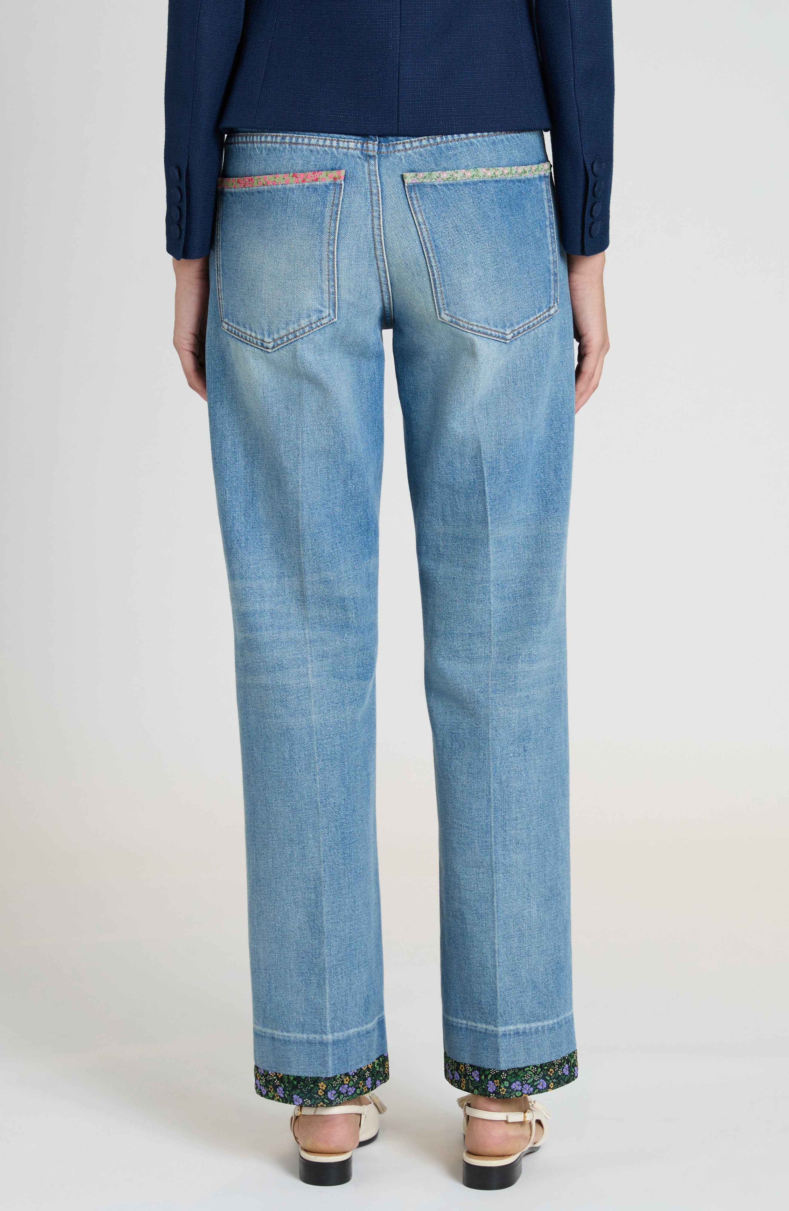 Valentino Garavani Floral Trim Straight Leg Jeans in Medium Blue Denim at Nordstrom - 3