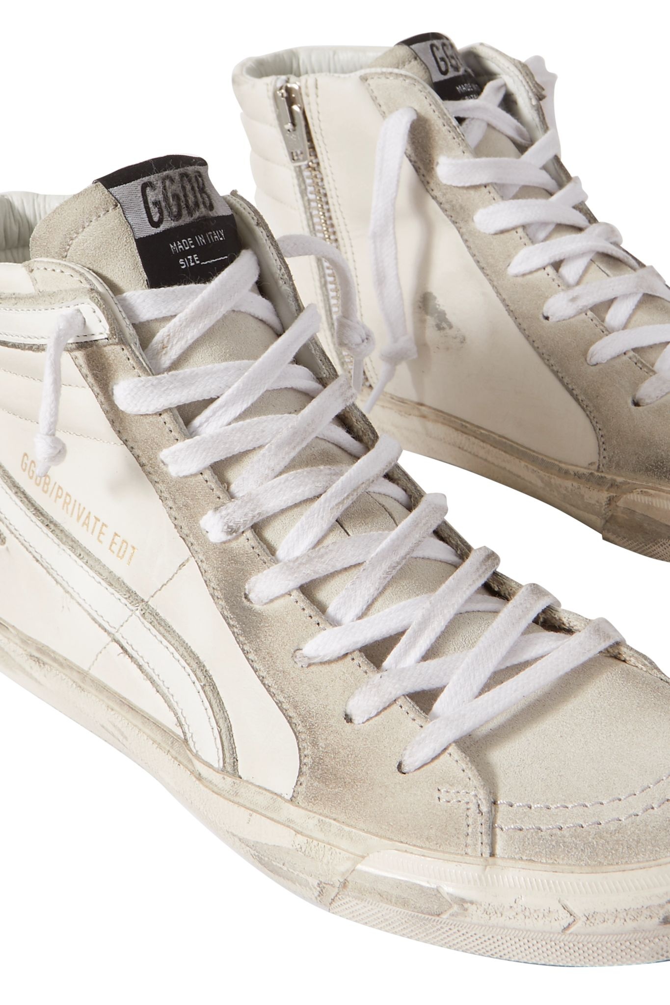 Slide distressed leather and suede high-top sneakers - 4