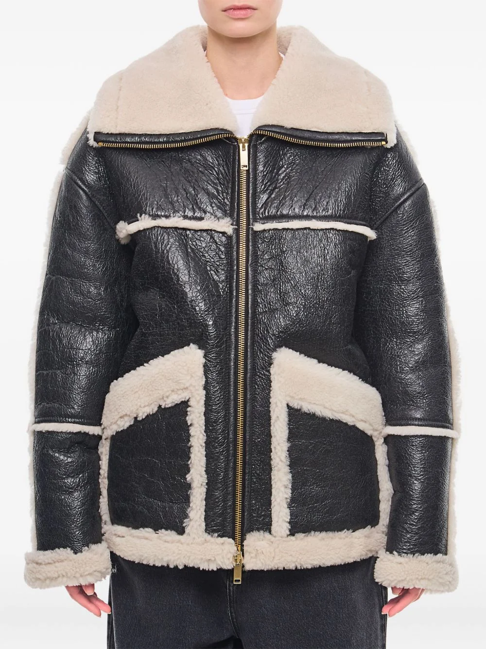 leather panelled shearling jacket - 1