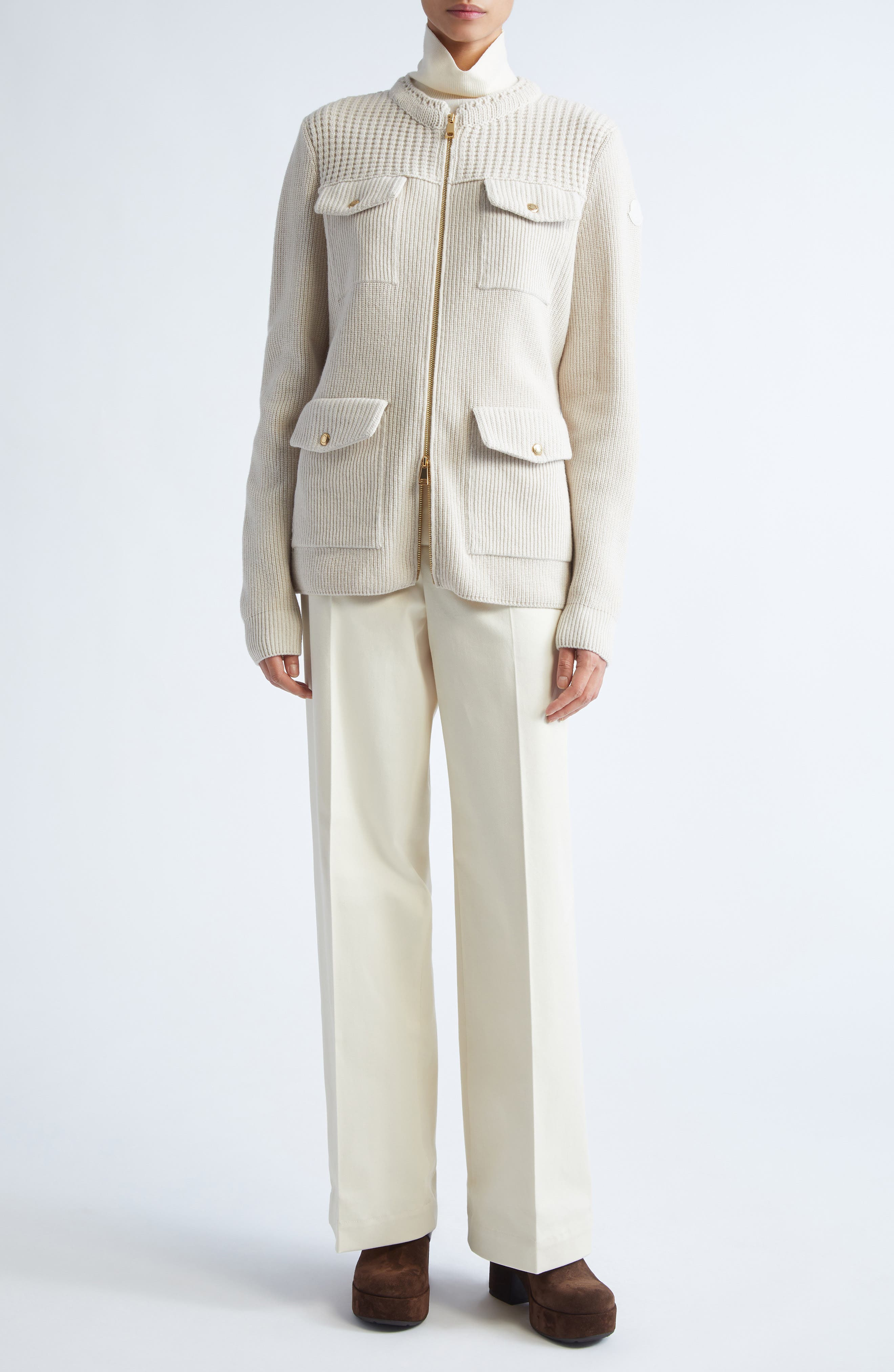 Moncler Virgin Wool Knit & Down Cardigan in Almond Milk at Nordstrom - 2
