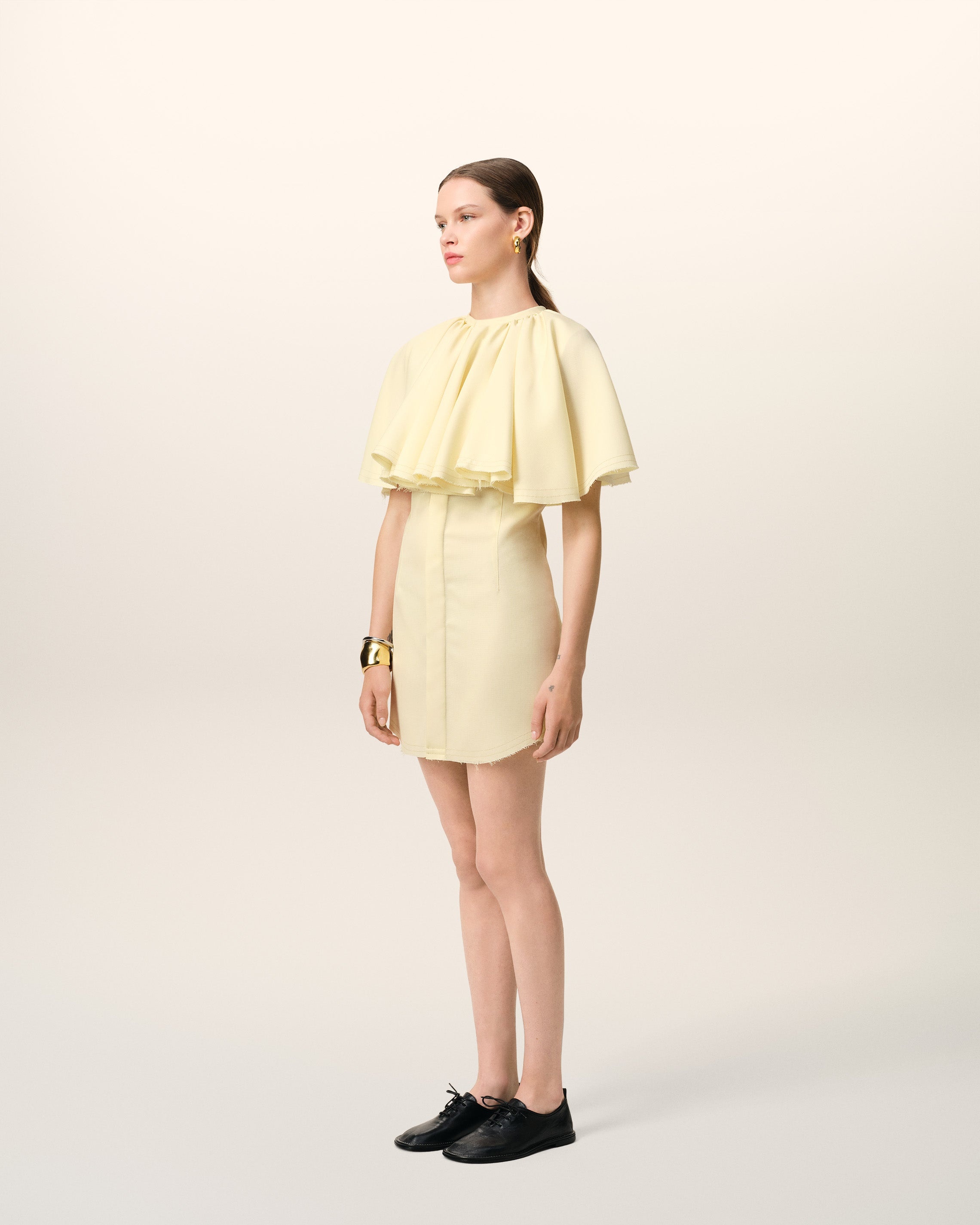 YELLOW WOOL SHIRT DRESS WITH RUFF - 6