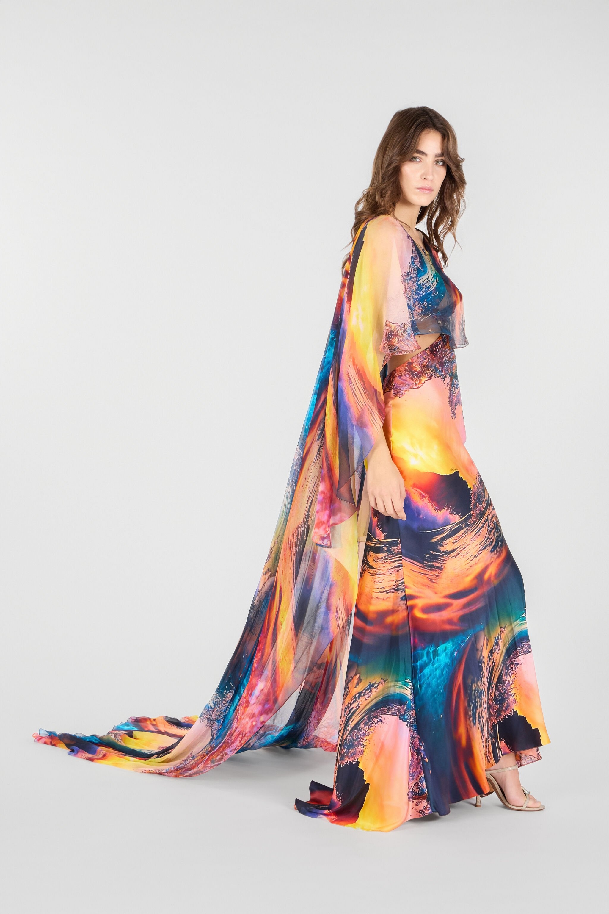 Itaca Print Long Dress with Cape - 3