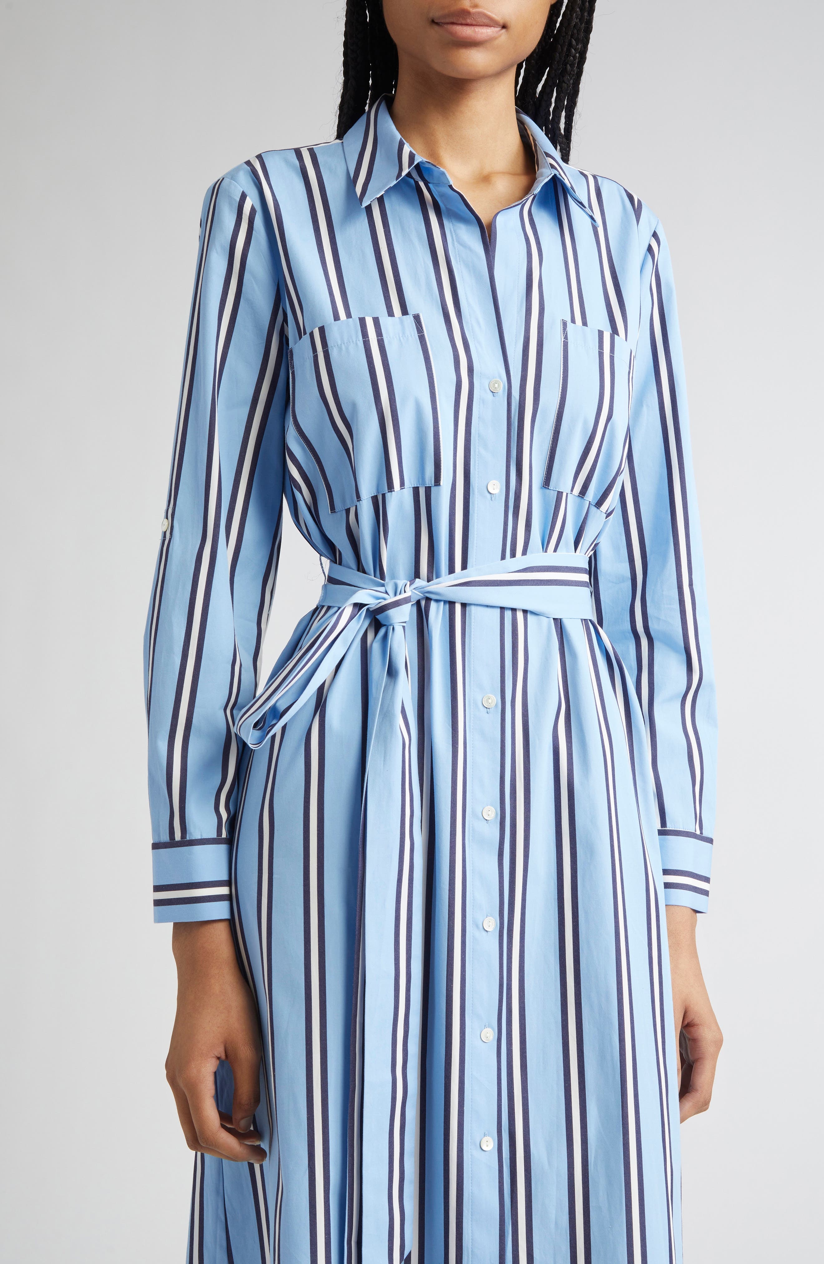 L'AGENCE Jubilee Stripe Belted Long Sleeve Cotton Shirtdress in Sky Blue/Midnight Stripe at Nordstro - 4