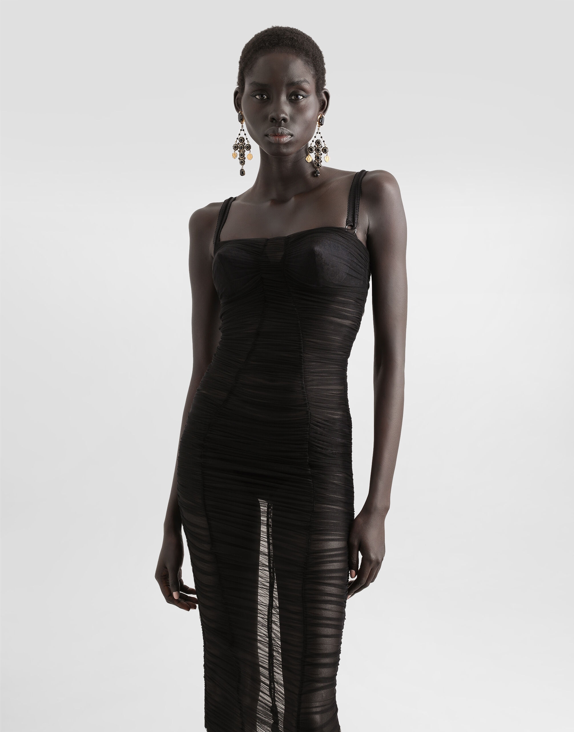 Tulle calf-length dress with draping - 4