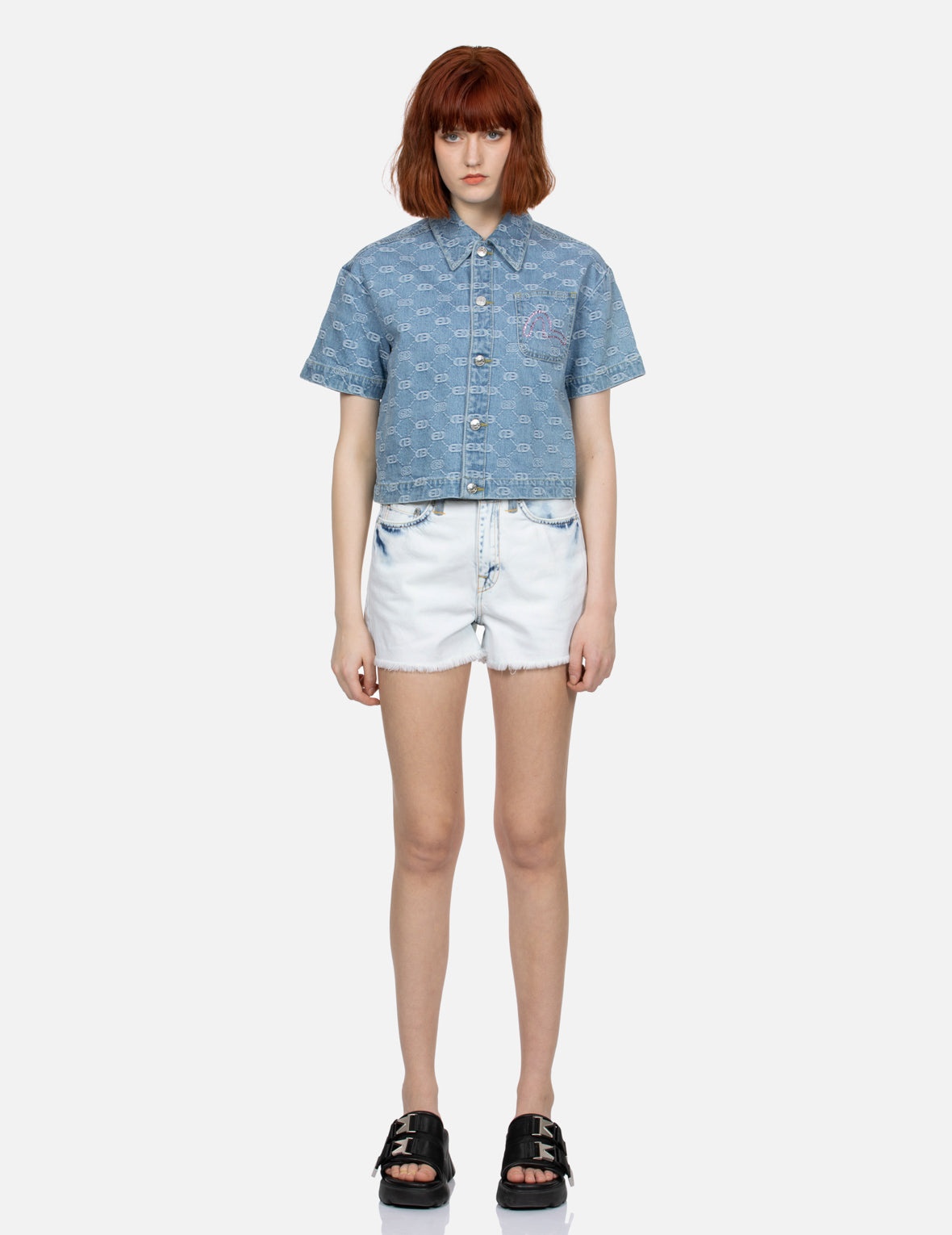 ALLOVER LOGO JACQUARD AND RHINESTONE SEAGULL FASHION FIT DENIM SHIRT - 5