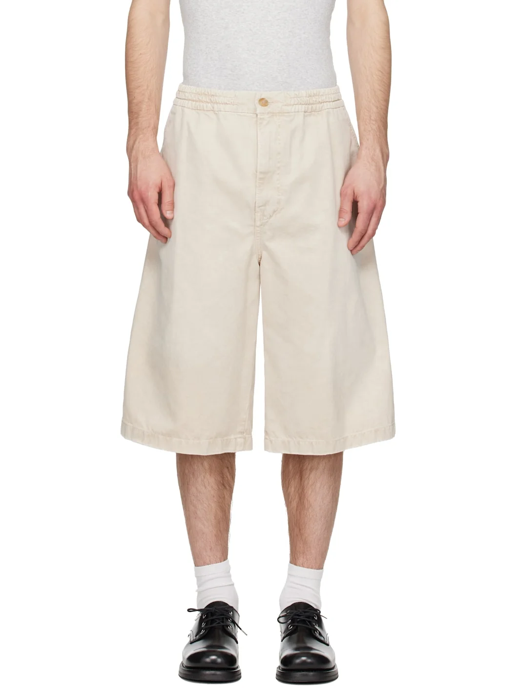 Beige Faded Denim Shorts - 1