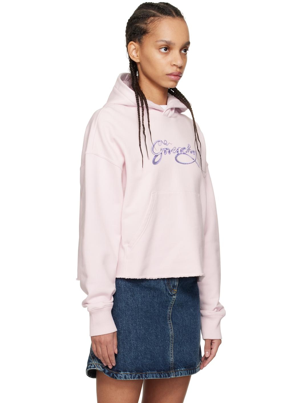 Pink Cropped 'GIVENCHY' Snake Print Fleece Hoodie - 2