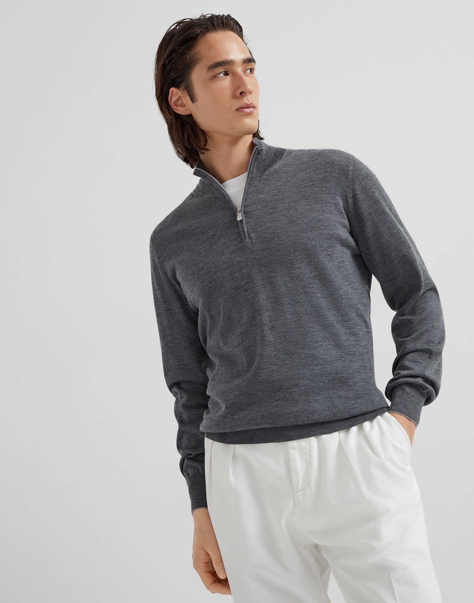 Virgin wool and cashmere lightweight sweater with half-zip - 1