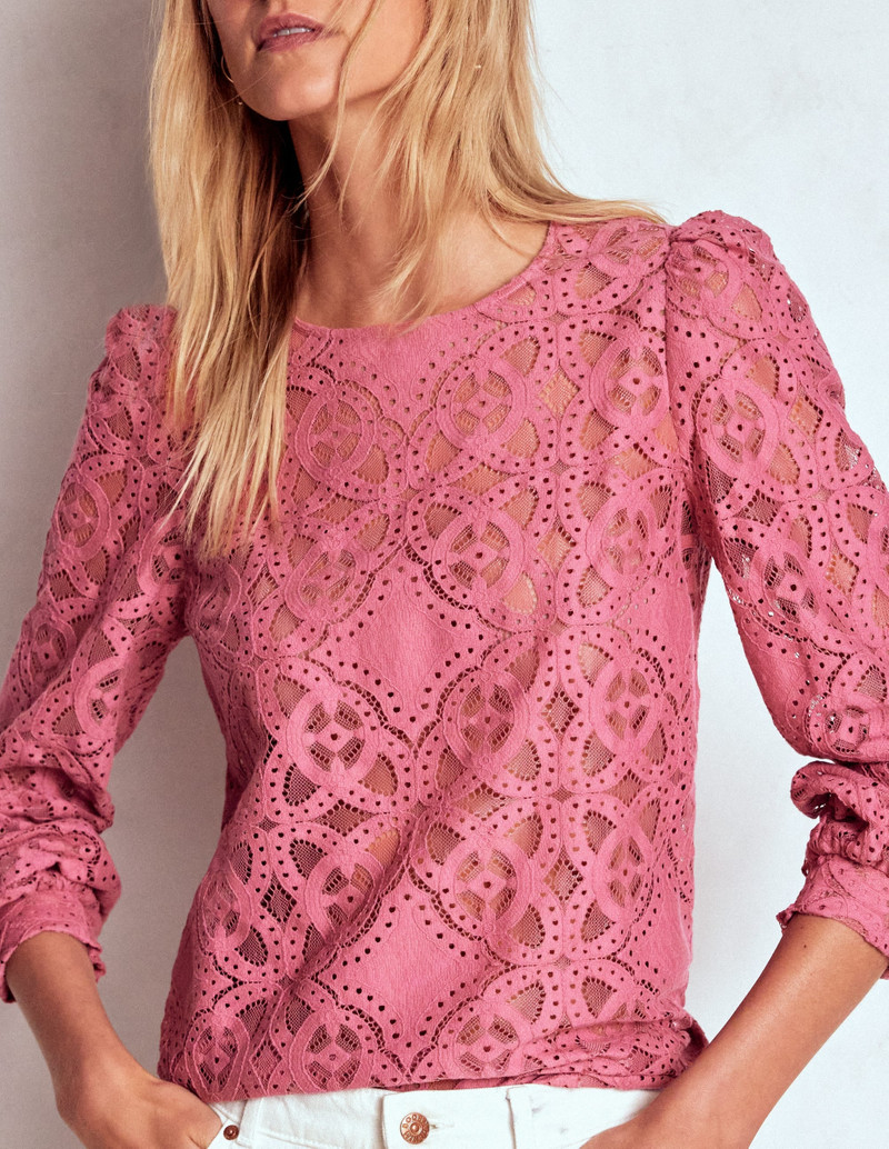 Lace Crew Neck Top-Heather Rose 3