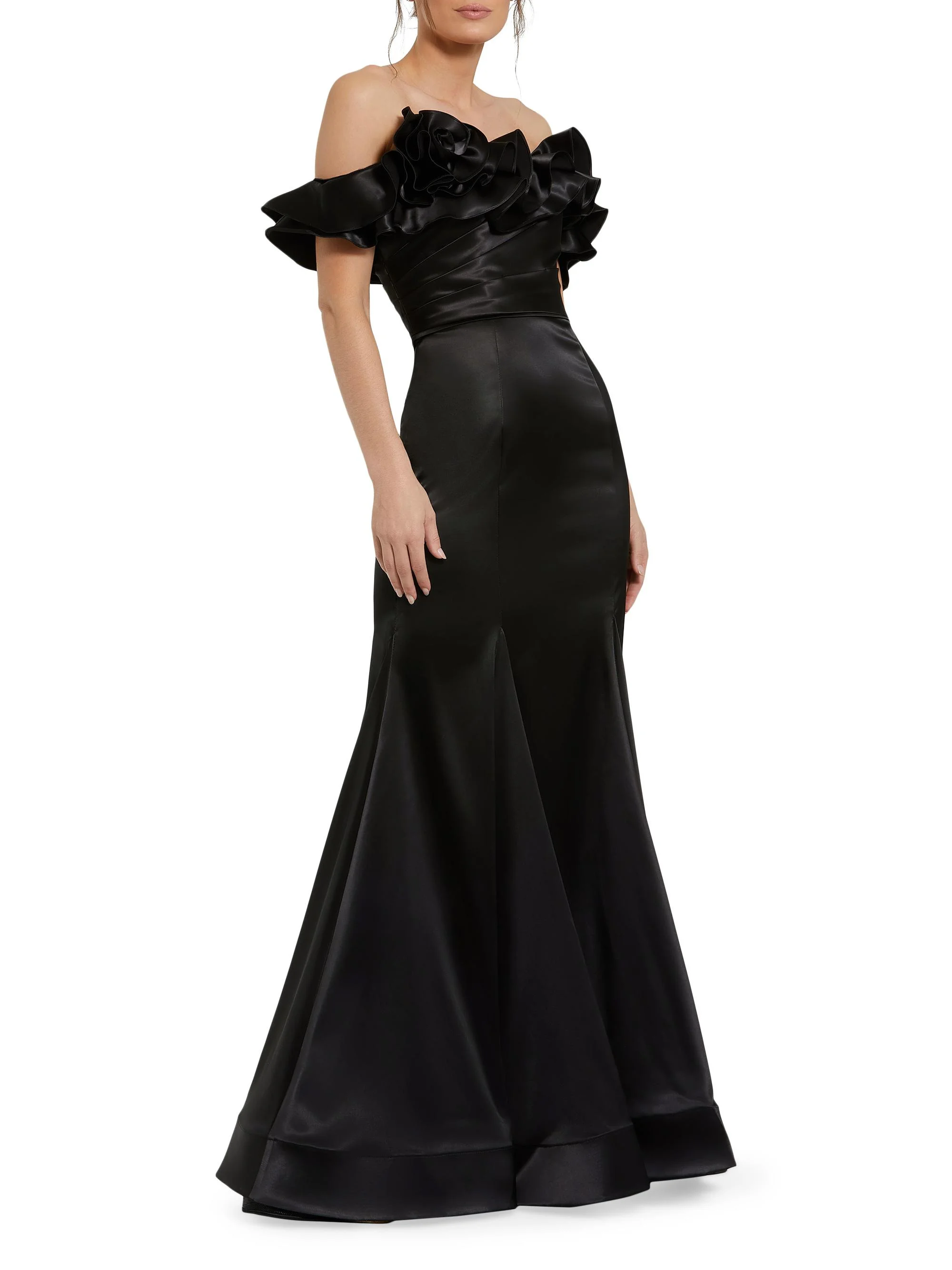 Women's Satin Ruffled Off-The-Shoulder Mermaid Gown - Black - 1