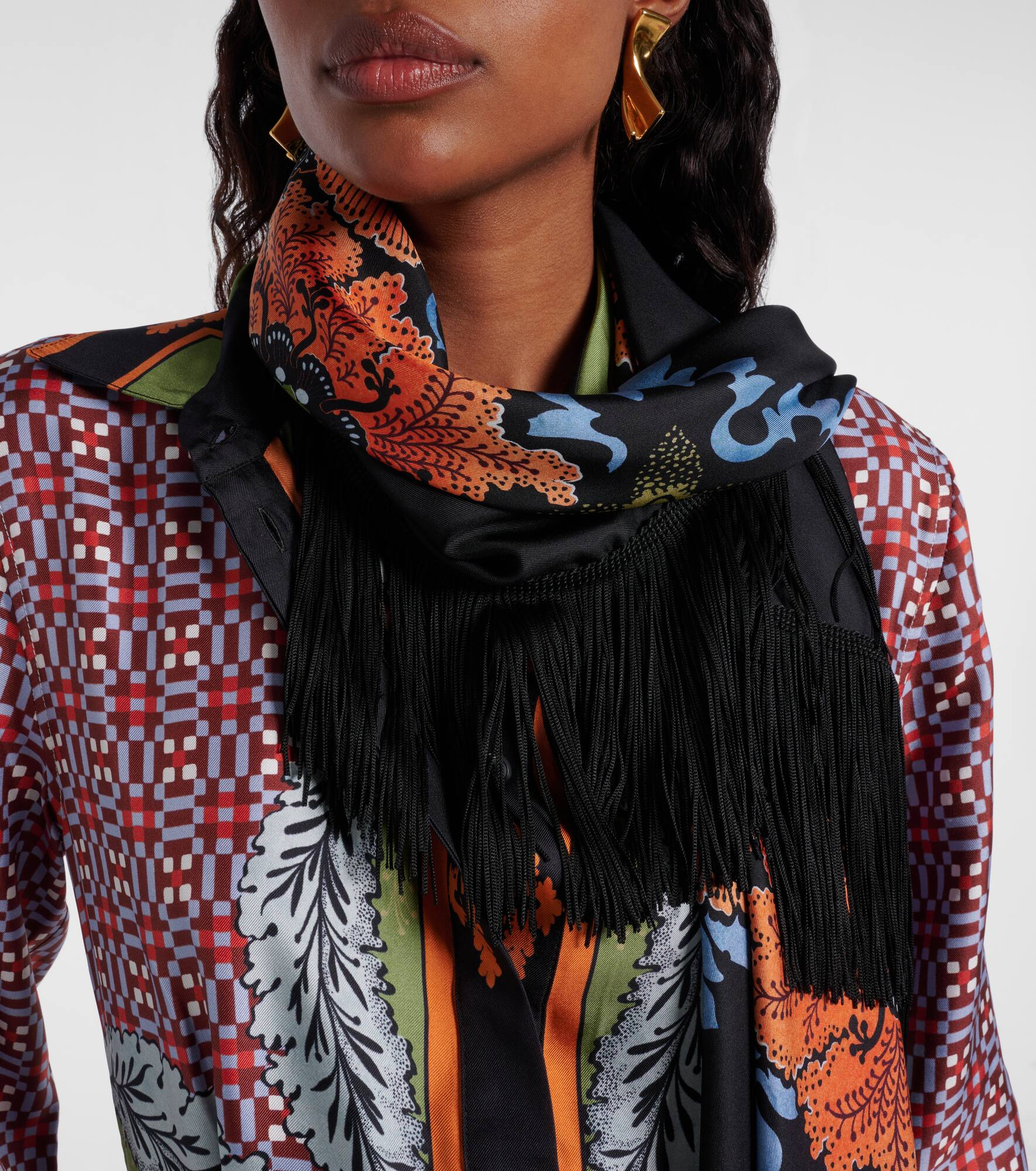 Fringed printed silk twill scarf - 2
