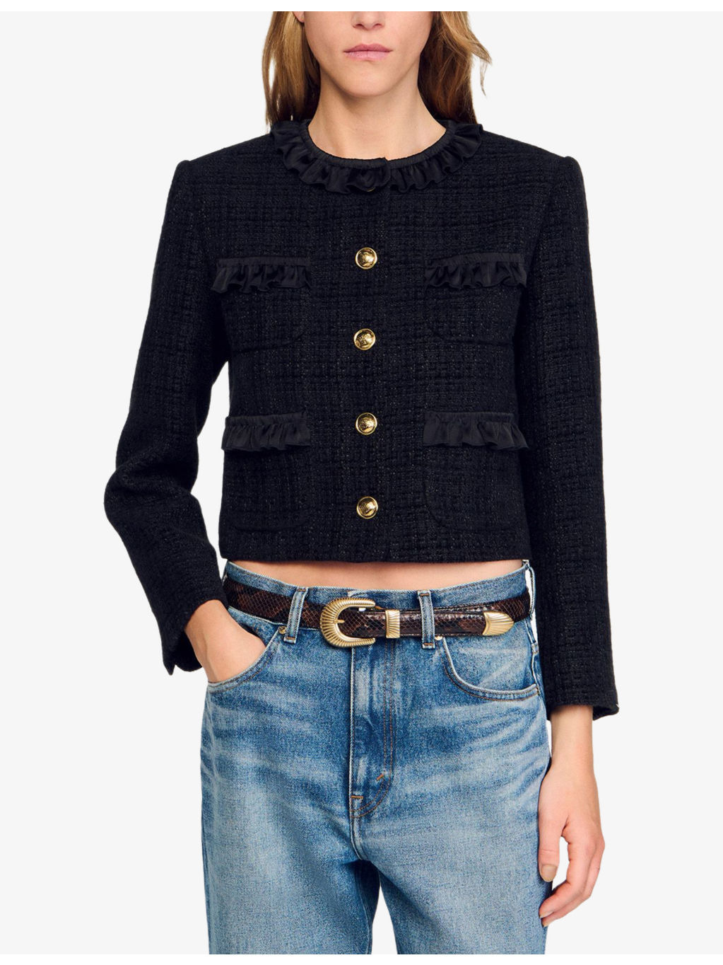 Ruffled-Trim Button-Down Tweed Jacket - 3