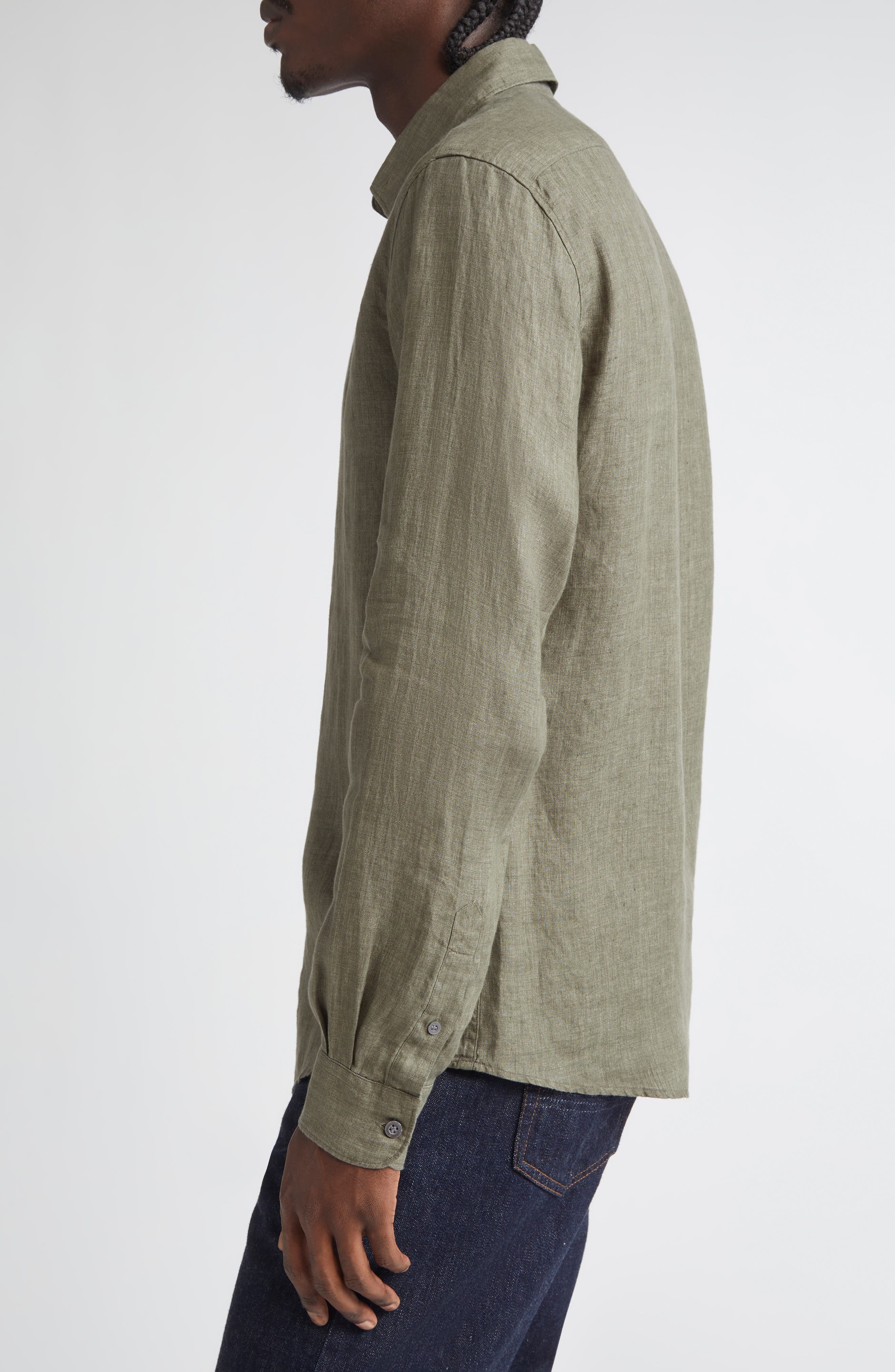 Sunspel Long Sleeve Linen Button-Up Shirt in Dusk Green at Nordstrom - 3