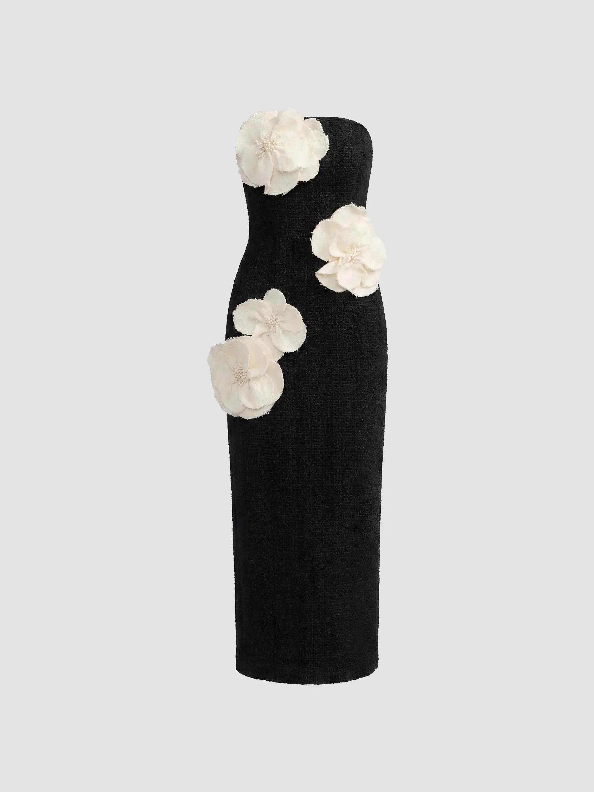 Women's Floral Appliqué Bouclé Strapless Midi-Dress - Black Multi - 1