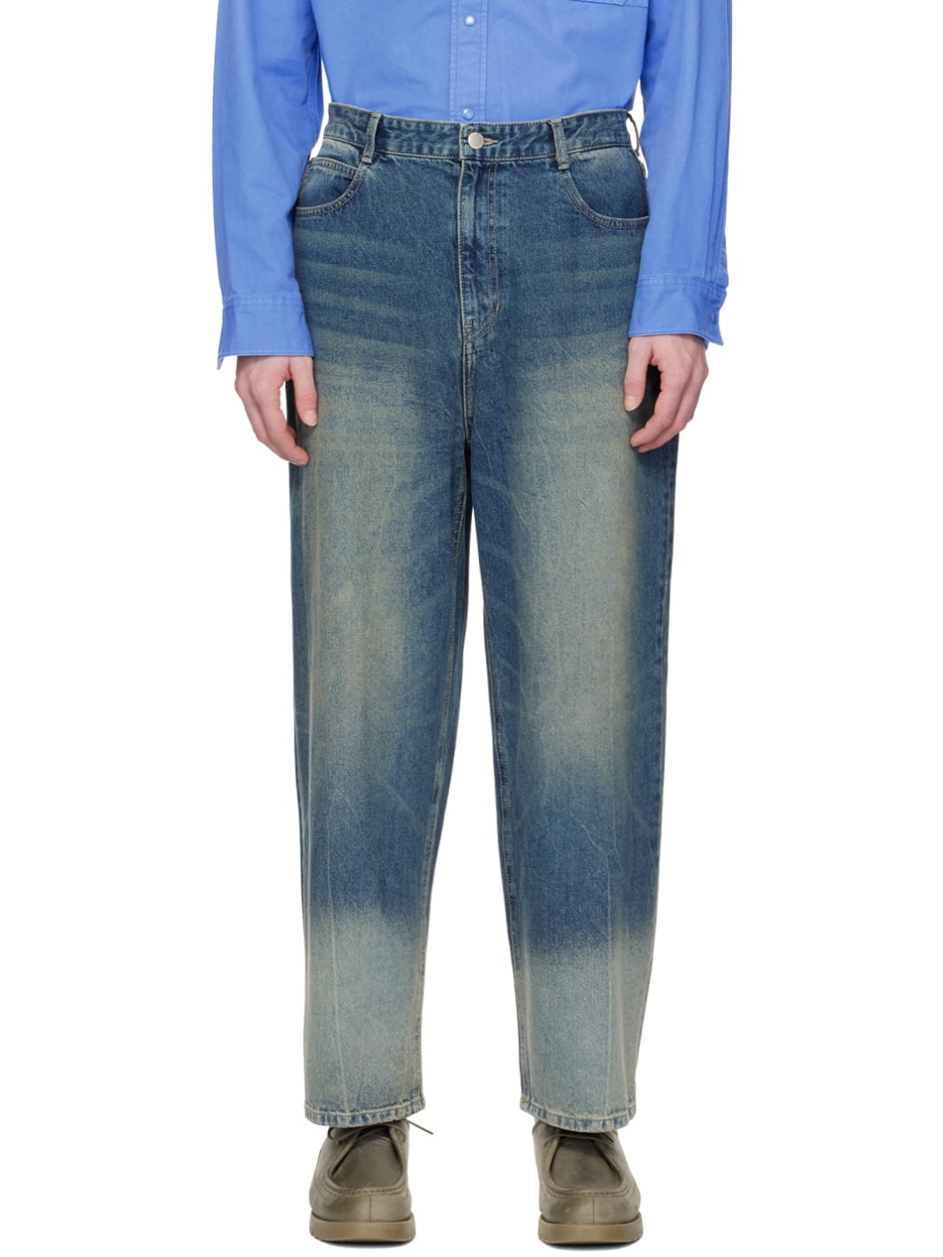 Indigo Rough Washed Wide Jeans - 1