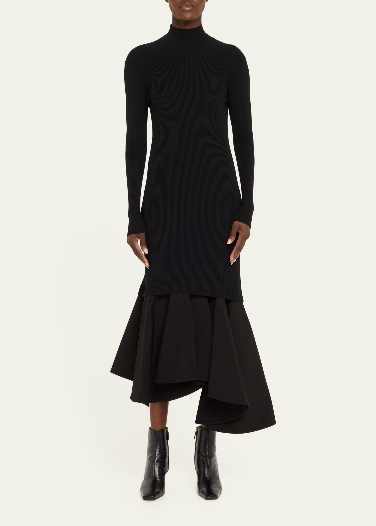 Asymmetric Mixed-Media Turtleneck Midi Dress - 2
