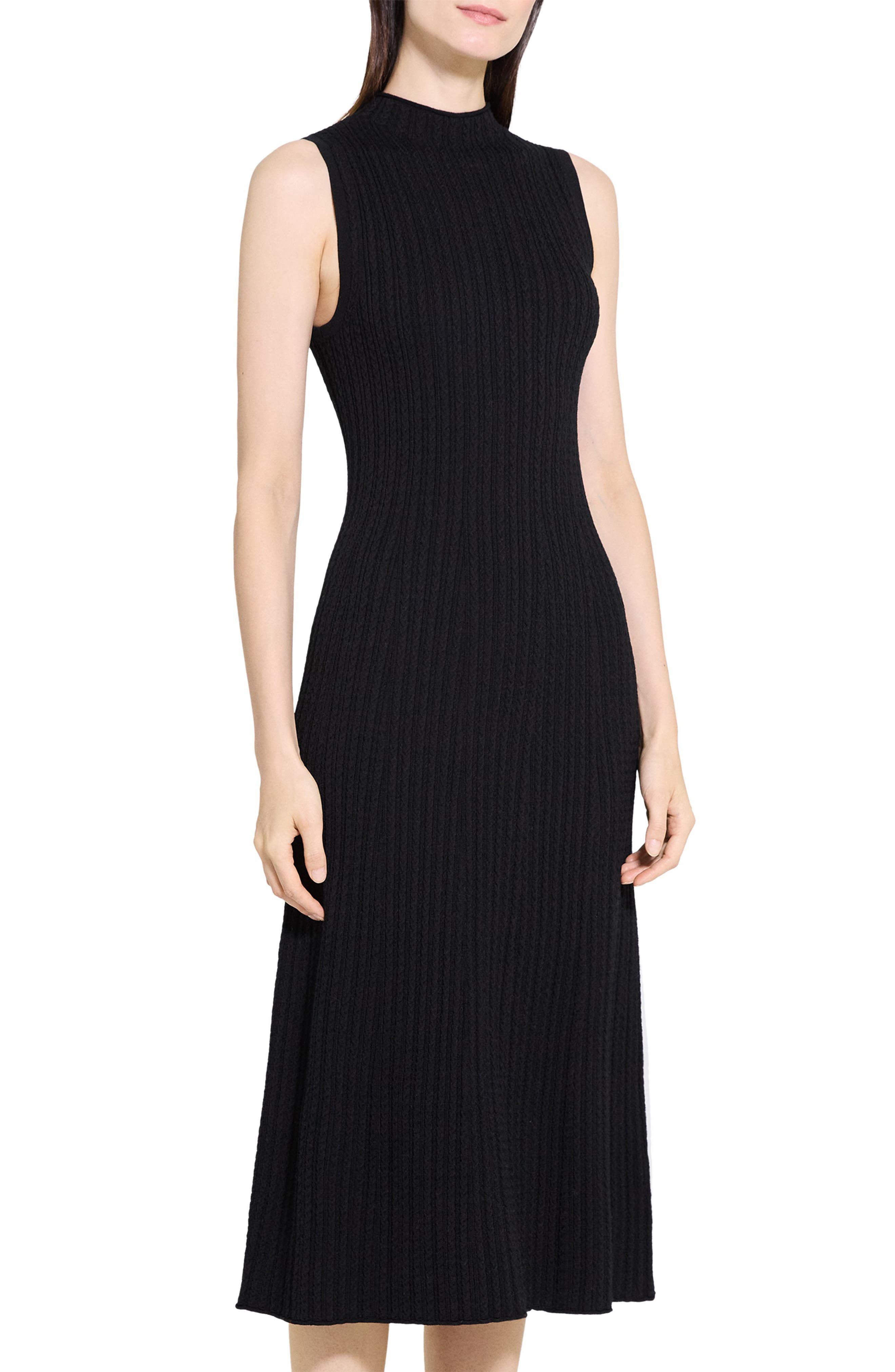 Theory Cable Stitch Sleeveless Wool Blend Sweater Midi Dress in Black at Nordstrom - 9
