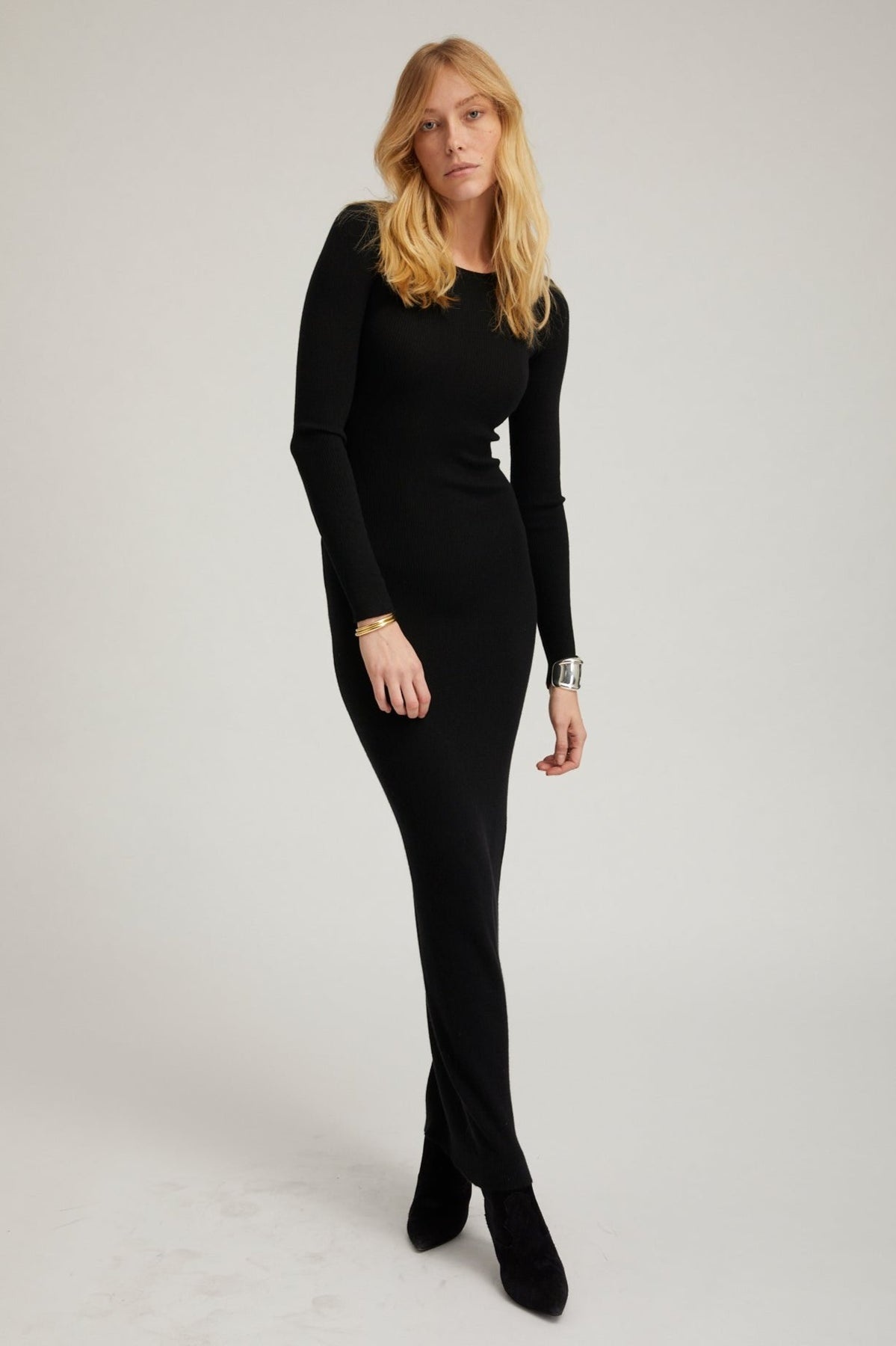 BLACK CASHMERE CREW NECK MAXI DRESS - 2