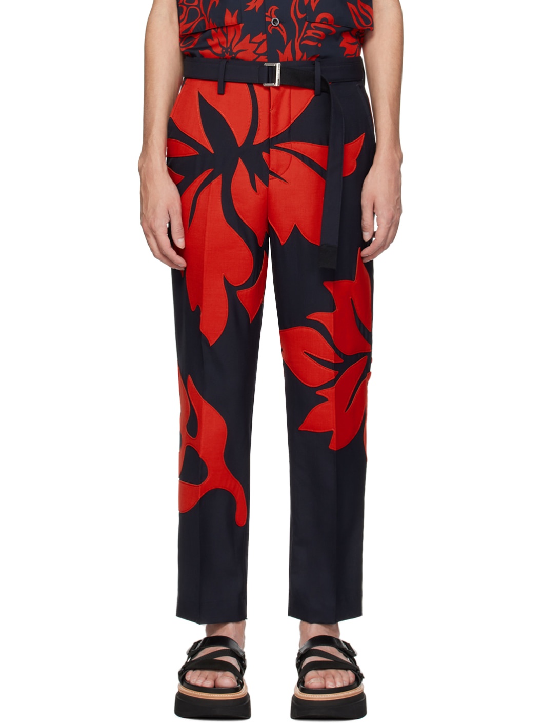 Navy & Red Floral Appliqué Trousers - 1