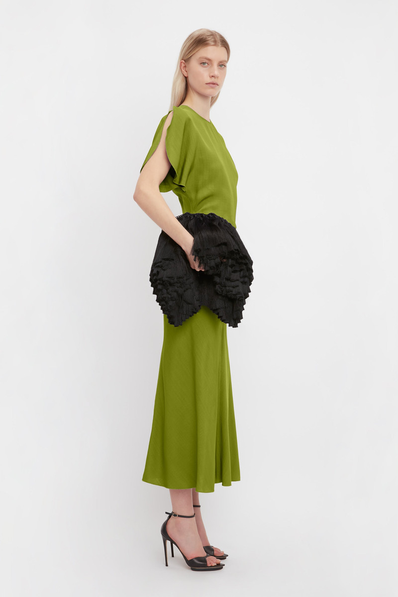 Victoria Beckham Gathered Waist Midi Dress In Parrot Green - 1223WDR004614B- Parrot-Green-4 | REVERSIBLE