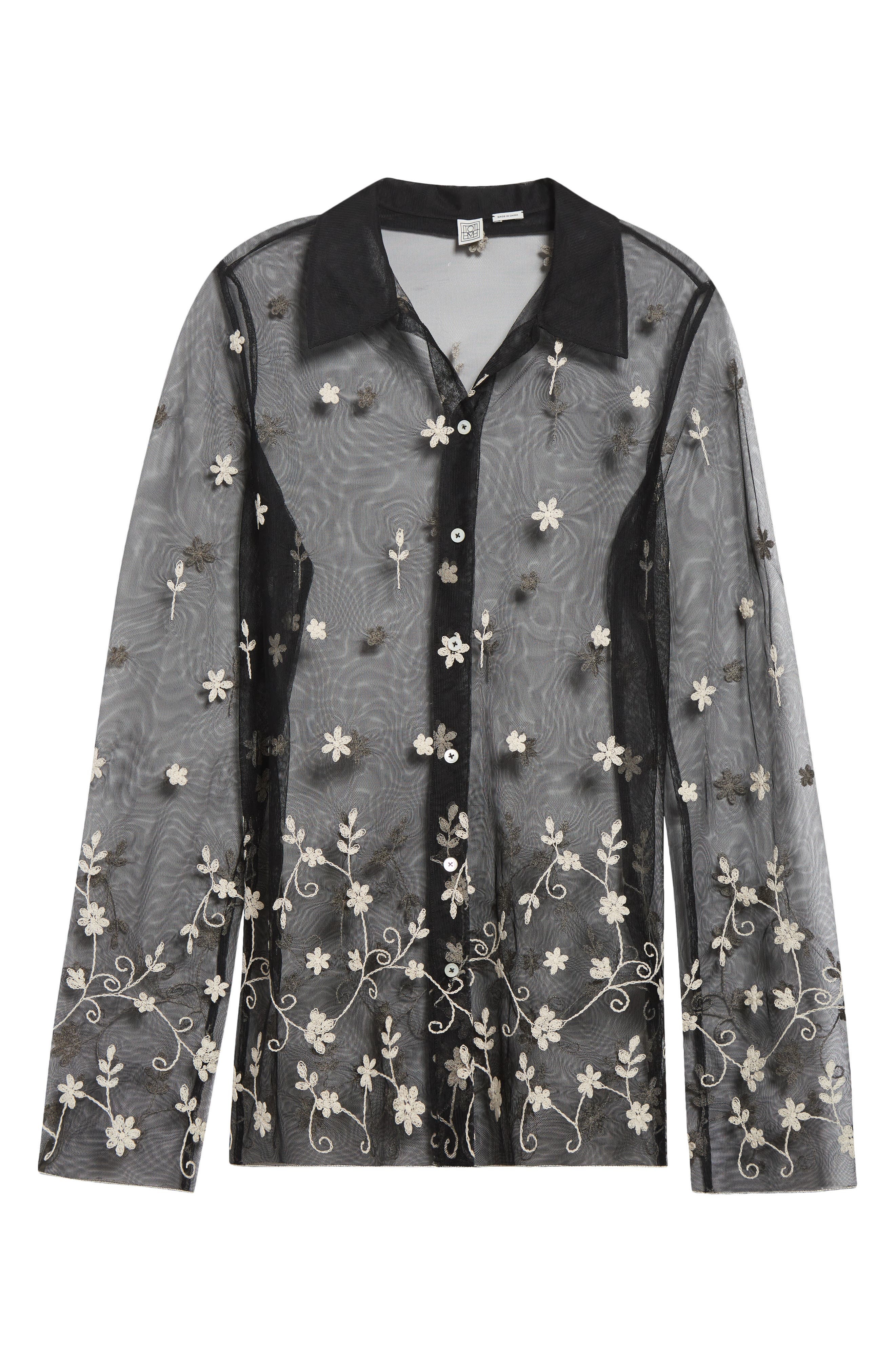 TOTEME Floral Embroidered Tulle Shirt in Black/White at Nordstrom - 6