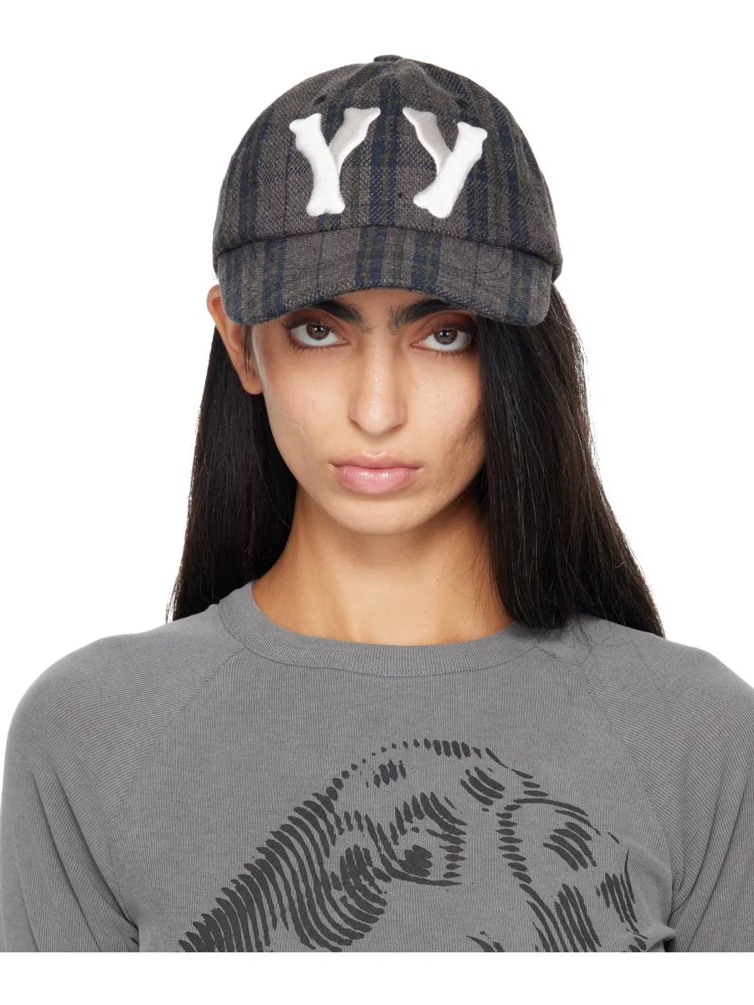 Brown 'Yy' Checkered Heart Bone Ball Cap - 1