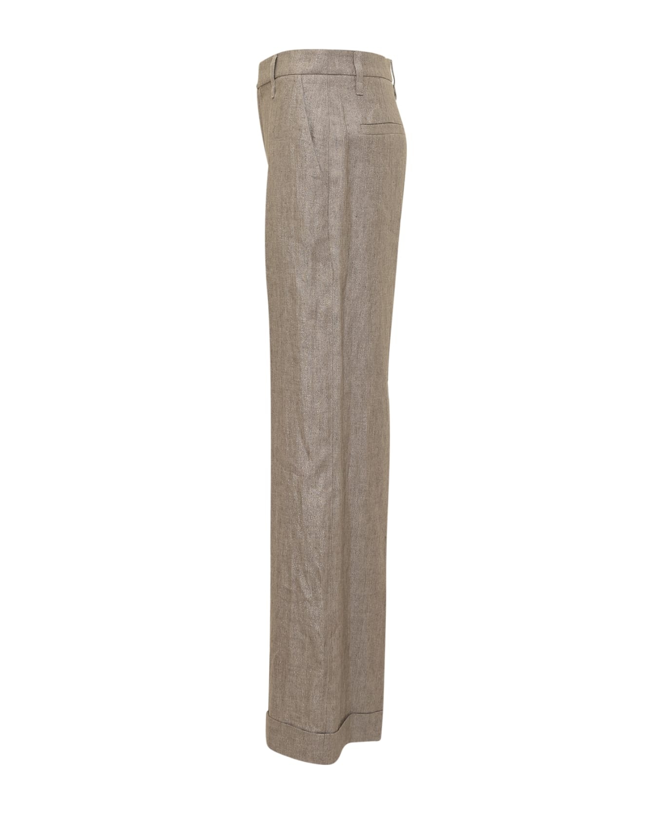 Loose Flared Trousers In Sparkling Twill Linen With Monile - 3