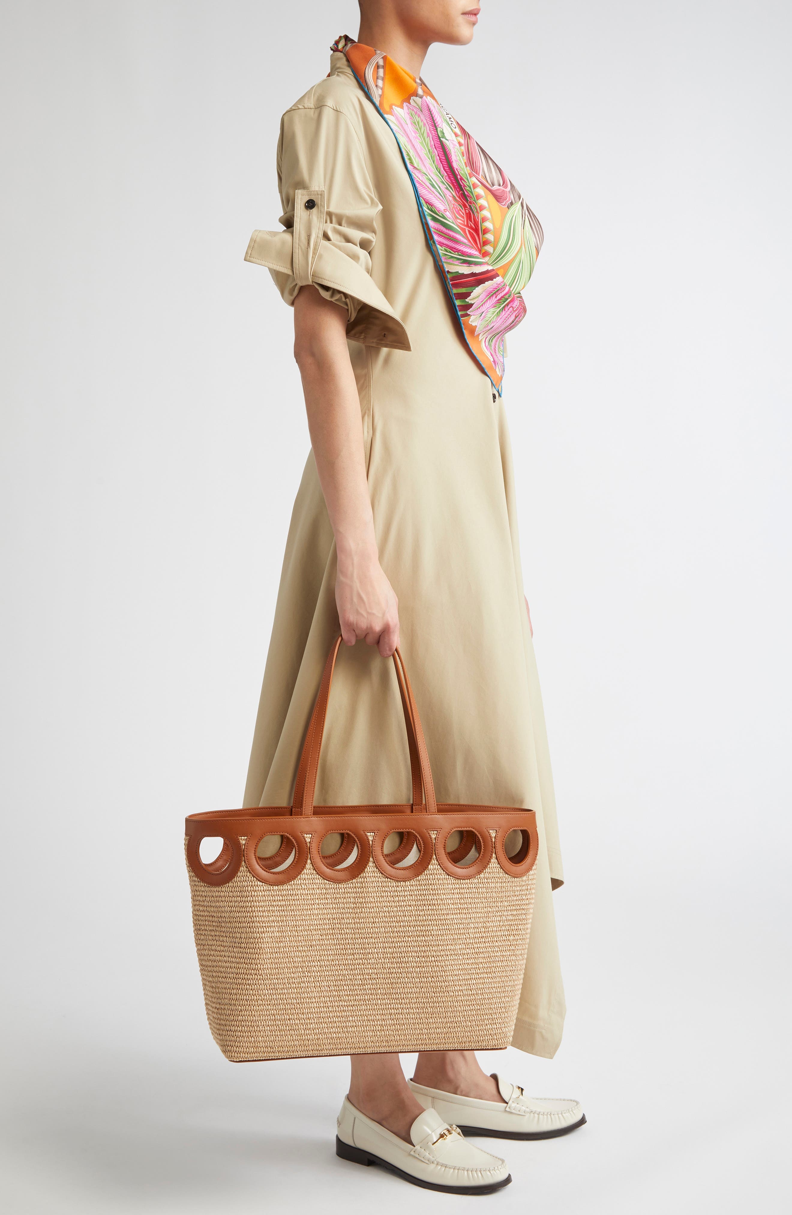 FERRAGAMO Medium Gancini Frame Perforated Raffia & Leather Tote in Naturale/Resort at Nordstrom - 3