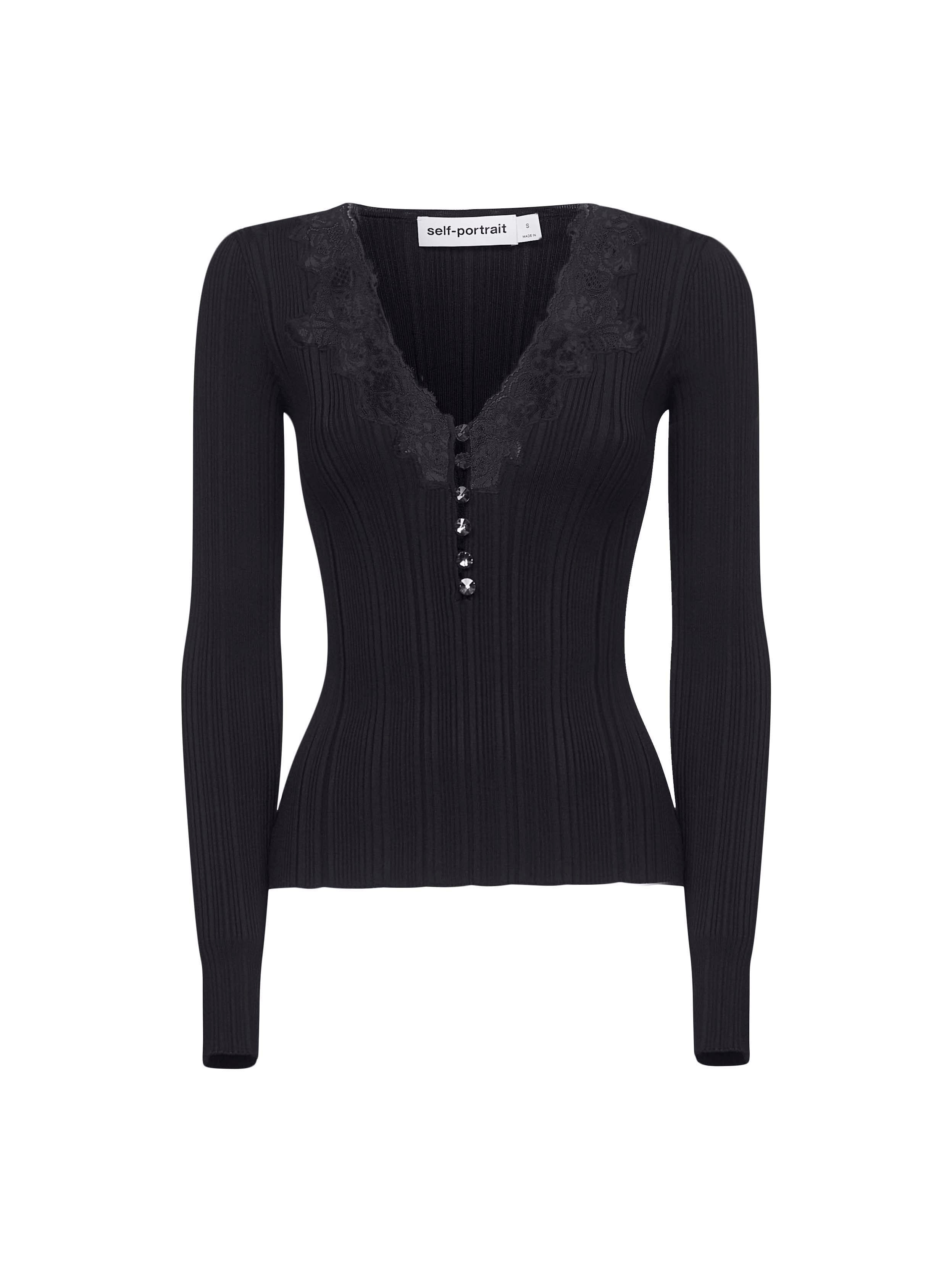 Black ribbed knit lace trim top - 1