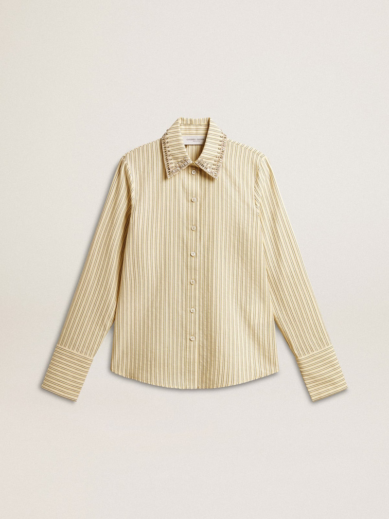 Ecru shirt with stripes and embroidered crystals 1